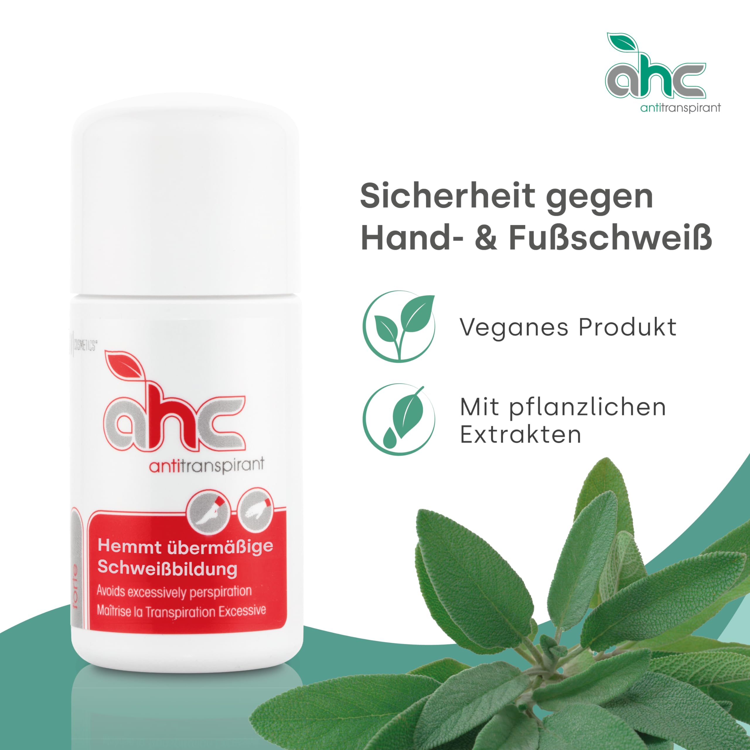 AHC FORTE Antitranspirant Tropfflasche 50ml gegen Schwitzen an Händen & Füßen - Antiperspirant mit Pflanzenextrakten gegen Handschweiß & Fußschweiß