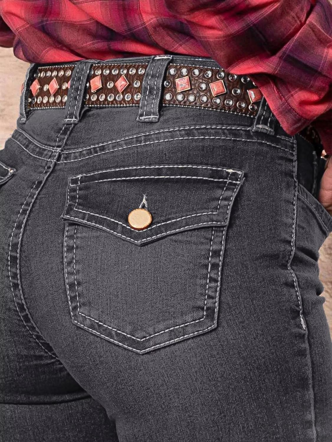 Flamingals Women's Buttoned Hem Bootcut Jeans Without Belt Mid Waist Casual Pants Navy Blue - Image 3