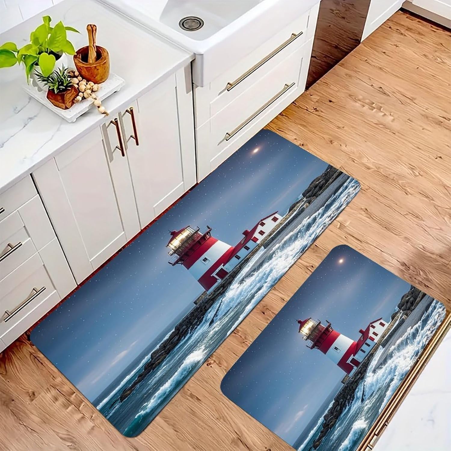 Lighthouse Ocean Kitchen Mats for Floor 2PCS Waterproof Non-Slip Kitchen Rugs Cushioned Anti-Fatigue Mat Heavy Duty Floor Mats Comfort Standing Mat for Kitchen Home Office Laundry image 2