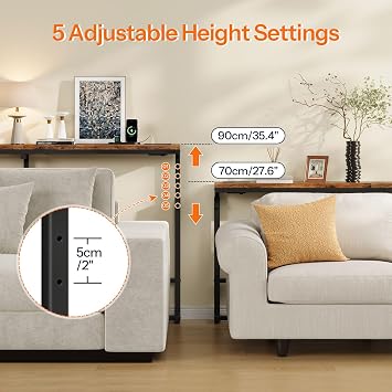HOOBRO 160 cm Slim Console Table with Charging Station, Height Adjustable