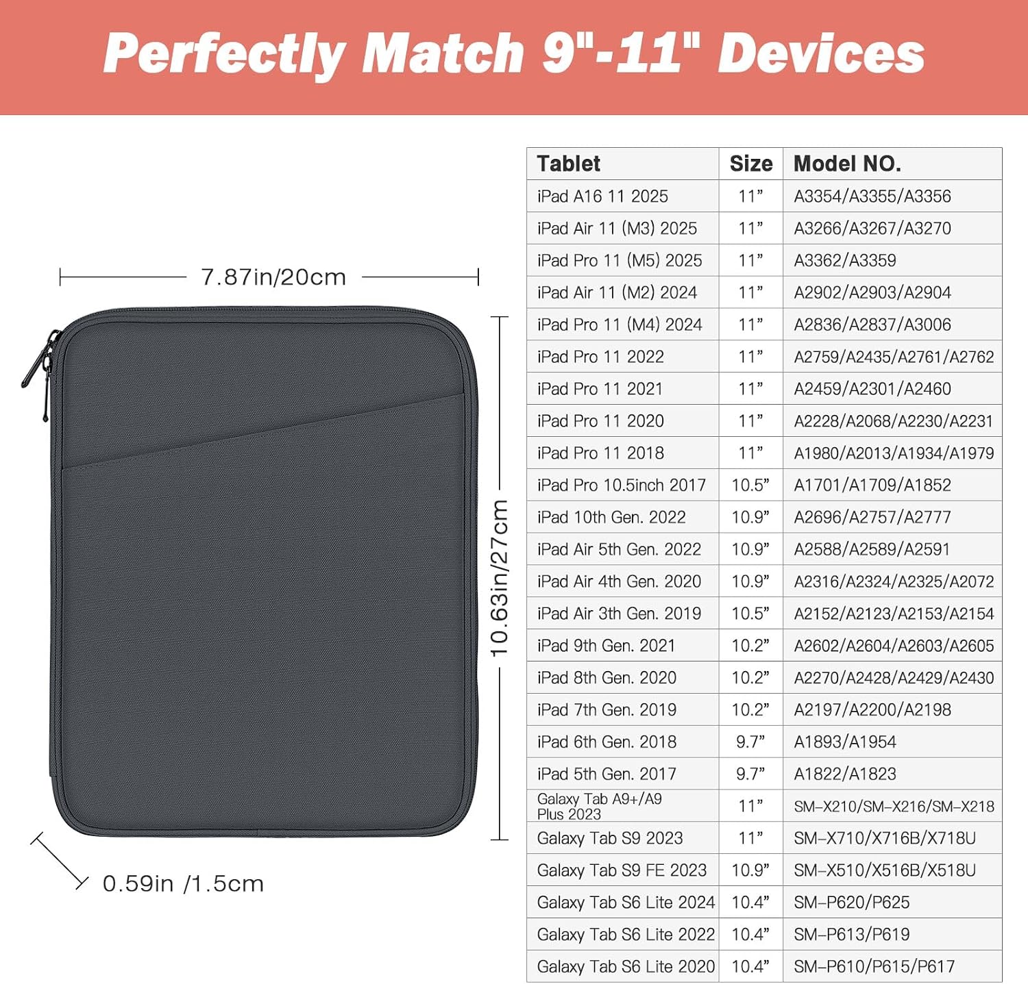 MoKo 9-11 Inch Tablet Sleeve Case, Fits New 11inch iPad Air M4/Pro M5, iPad A16 11", i-Pad 10/9/8/7th/Air 5/4th 10.9"/10.2", Tab S9/S8 11", Protective Bag Carrying Case with Pocket, Dark Gray