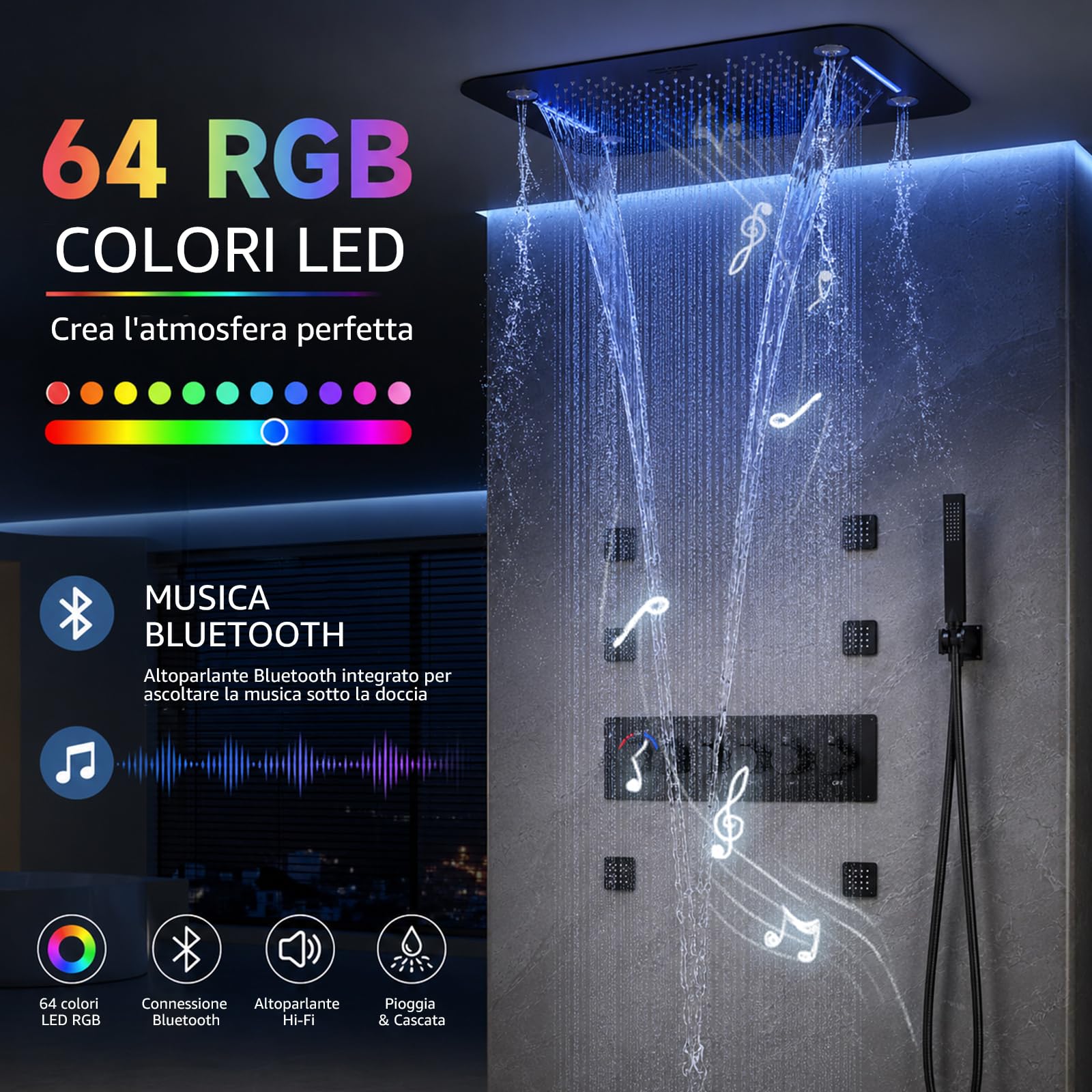 Colonna Doccia Termostatico con Musica, 64 Colori RGB LED Colonna Doccia Incasso con 3 Modalità 580 * 380 Mm Soffione Doccia a Pioggia, 6PCS Getti Idromassaggio, Miscelatore Doccia Incasso, Doccetta