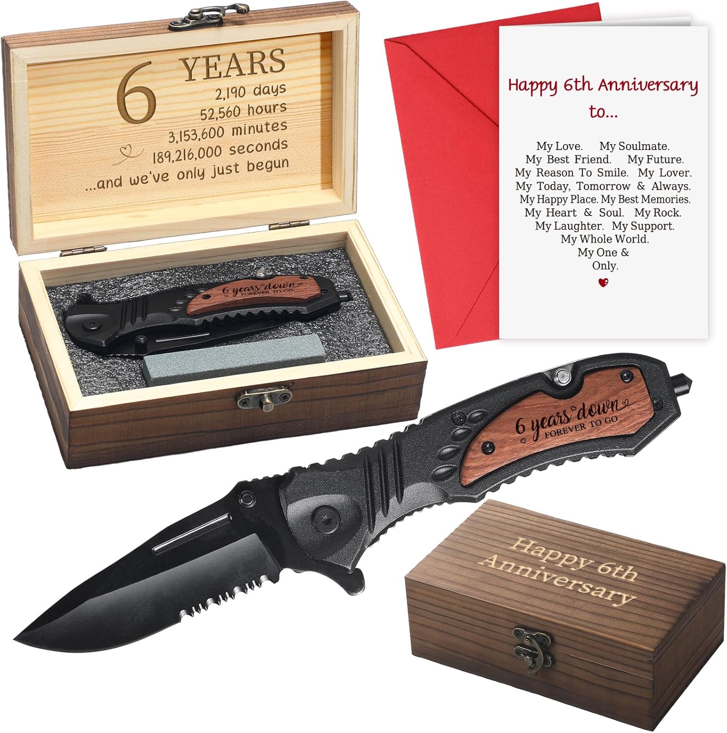 6 Years Iron Anniversary Keepsake Gifts for Him 6th Anniversary Iron Gift Engraved Pocket Folding Knife with Wood Box Customized Wedding Birthday Gifts for Men Outdoor Camping Activity