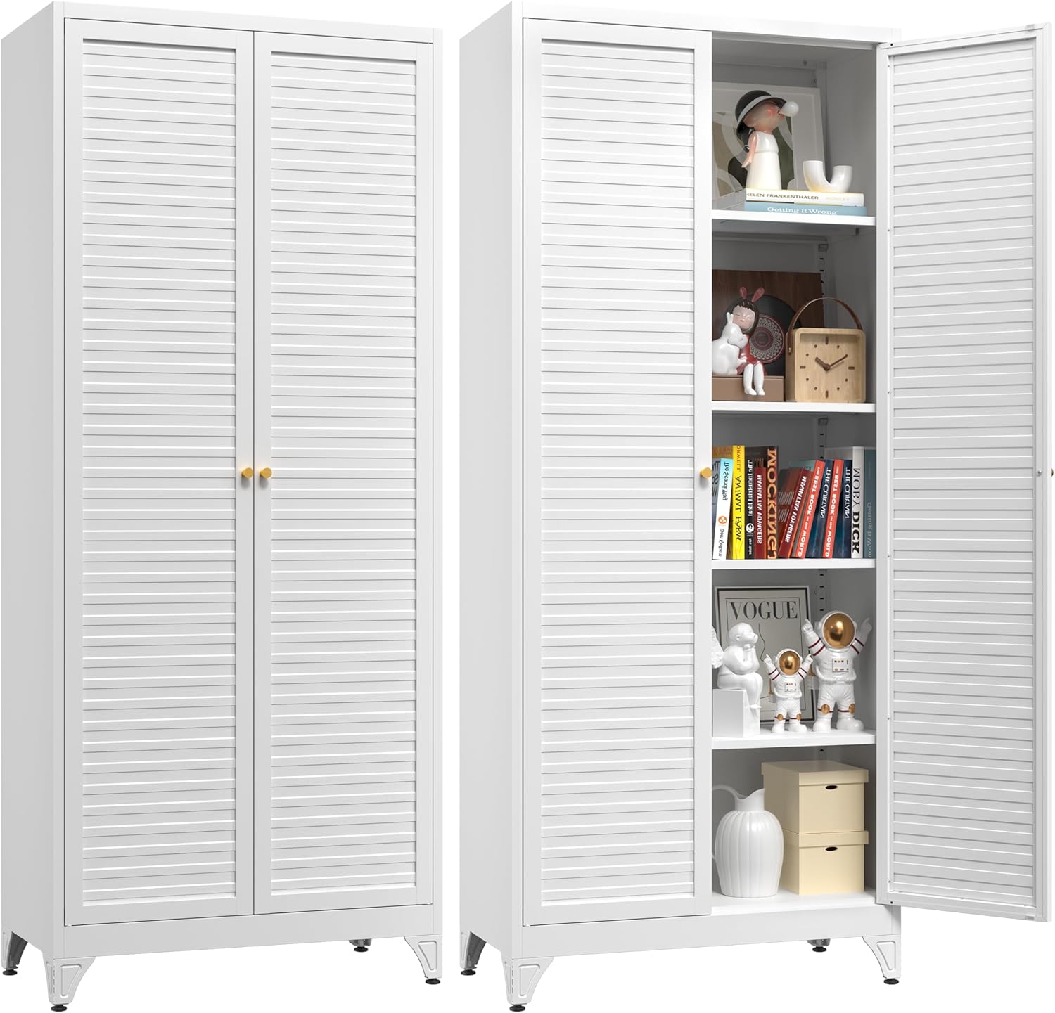 Kitchen Storage Cabinets, 75" Tall Metal Storage Cabinet with Louvered Doors, White Pantry with 4 Adjustable Shelves, Large Cupboard, Locker for Kitchen, Home Office, School, Living Room