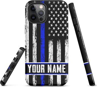 Personalized American Flag 1 Police Officer Phone Case Thin Blue Line Police Custom Name Gifts Husband Dad Protective Cover with Clear Case Tough Case For iPhone 15 14 12 13 11 X XR XS Promax Plus