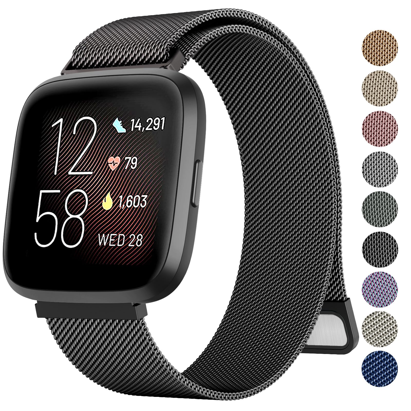TobfitMetal Strap for Fitbit Versa 2 Straps/Fitbit Versa Lite Strap/Fitbit Versa Strap for Women Men, Breathable Stainless Steel Mesh Loop Adjustable Wristband Replacement Strap