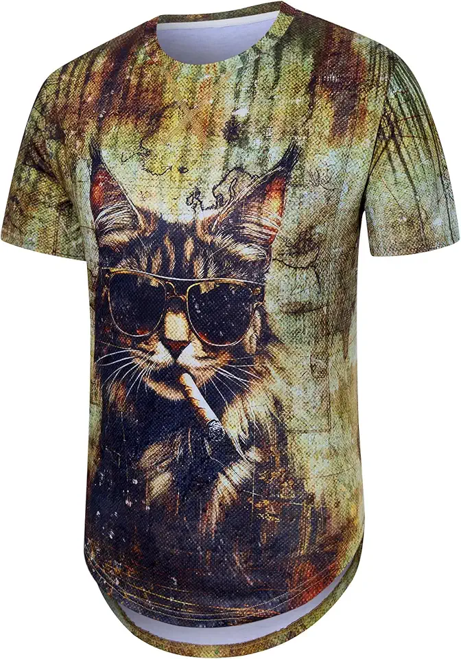 RAISEVERN Hip Hop Graphic Tees Mens T-Shirts Oversized Hipster Stylish Print Short Sleeve Curve Hem Shirt