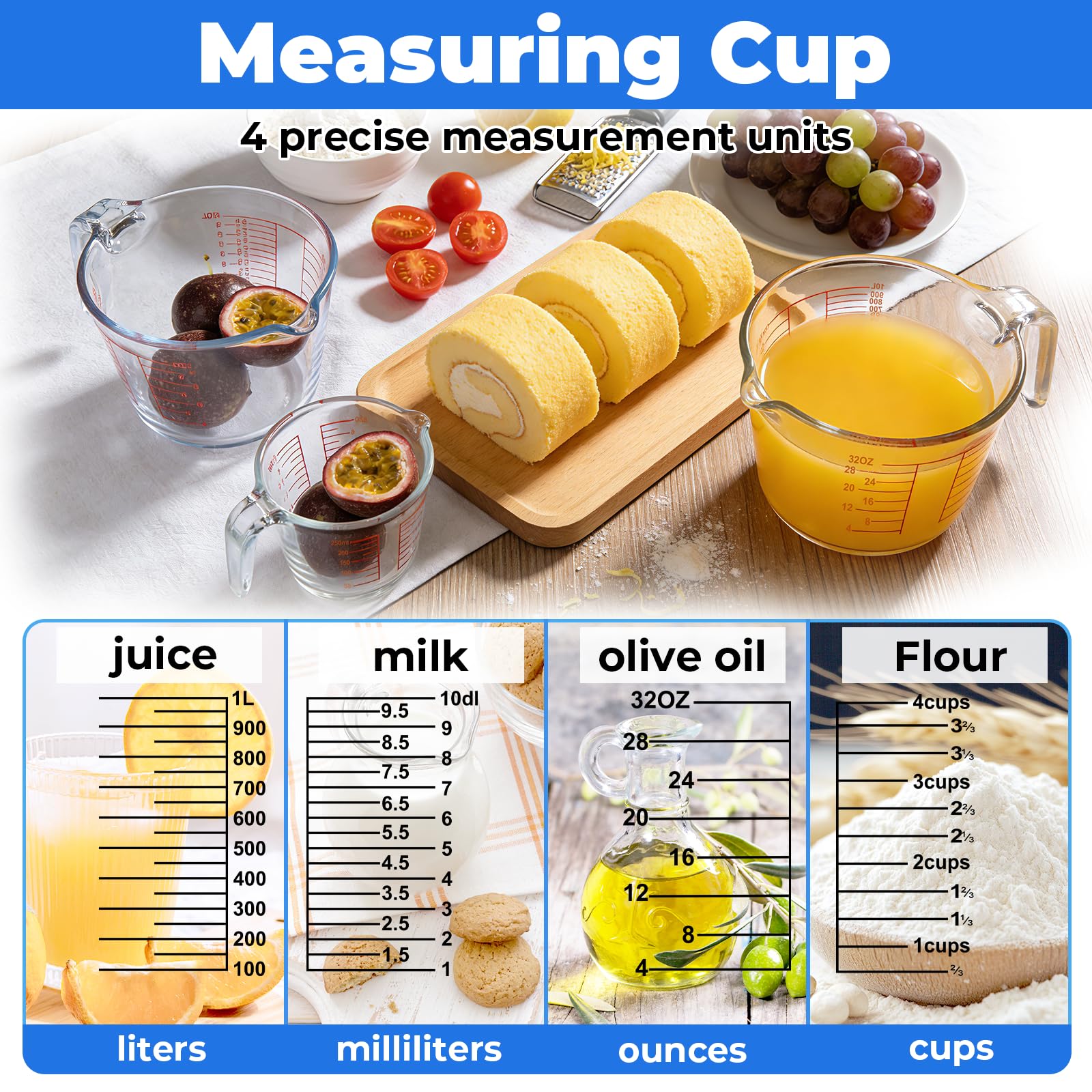 Set de 3 Vasos Medidores de Vidrio Borosilicato 1000 ml 500 ml 250 ml, Jarras Medidoras Graduadas con Asa y Pico Vertedor, Resistentes al Calor, Sin BPA, para Cocina y Repostería | 4 Escalas precisas L/dL/OZ/Cups Resistente al Calor BPA Libre de Medición
