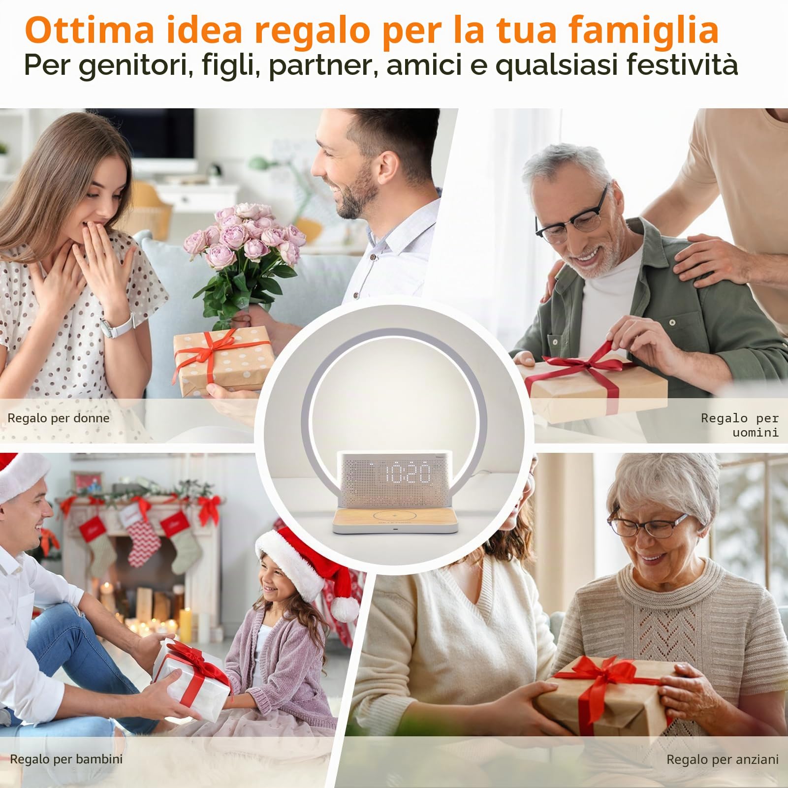 RETEYUNG Lampada da comodino con funzione di ricarica,caricatore wireless da 10W,Sveglia Con Luce,Wake Up Light,10 Suoni Natura,Touch Dimmerabile,3 livelli di luminosità,Adatto per camera da letto.