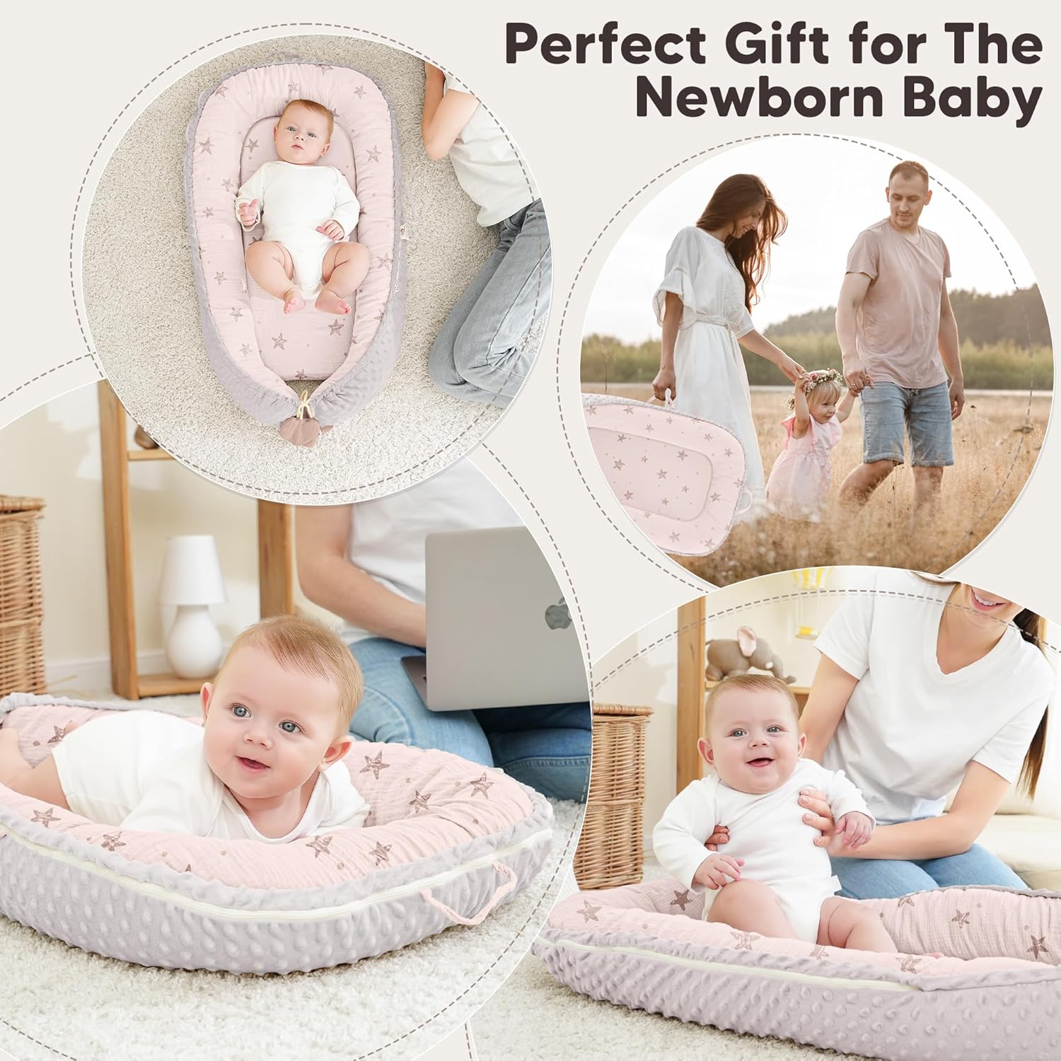 Baby Lounger - Infant Lounger Pillow for Newborn 0-24 Months, Soft, Breathable & Portable Baby Lounger Pillow for Boys & Girls, Cozy Baby Floor Seat for Home & Travel (Pink Star) - Image 5