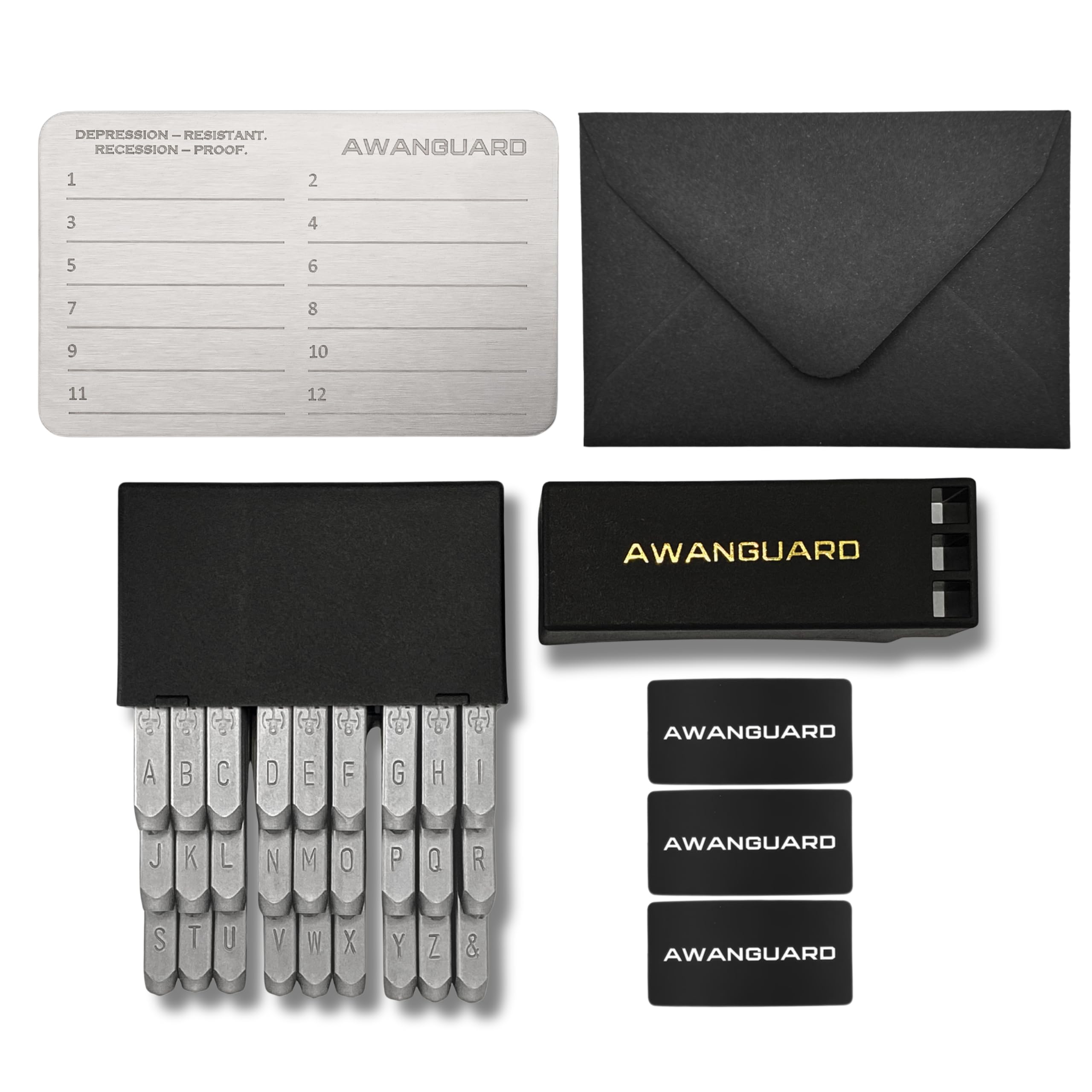 Bitcoin Wallet Stahl 1 x 24 Wörter Recovery Seed Phrase Backup + Chrome Vanadium Steel Letter Punch Set, 27 Letters A-Z for Seed Phrase Steel Wallet Backup Metallplatte.