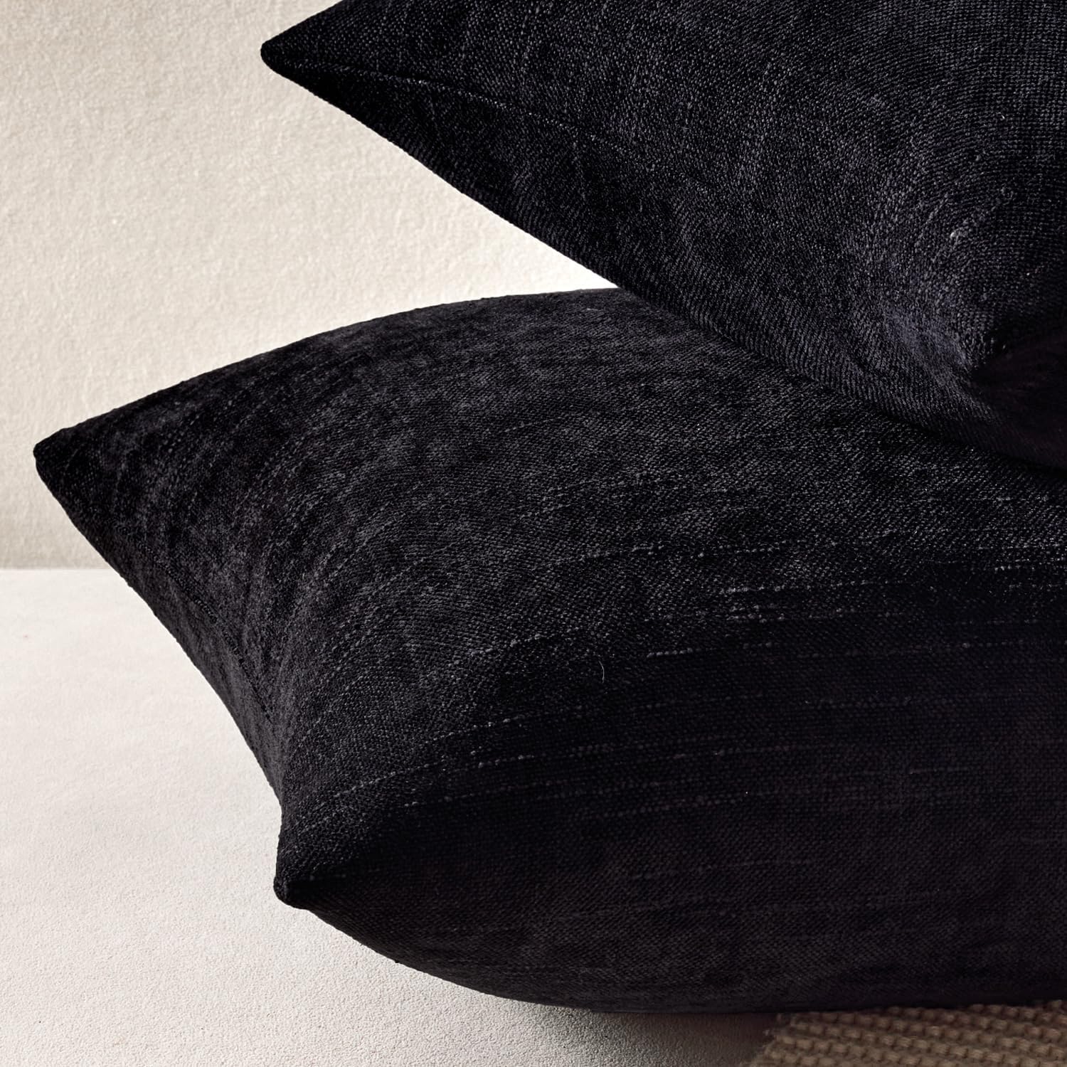 ANRODUO Pack of 2 Decorative Textured Throw Pillow Covers Soft Black Euro Square Accent Solid Chenille Cushion Cover Cozy Farmhouse Pillow Case for Couch Sofa Bedroom Living Room Home Decor 24x24 Inch