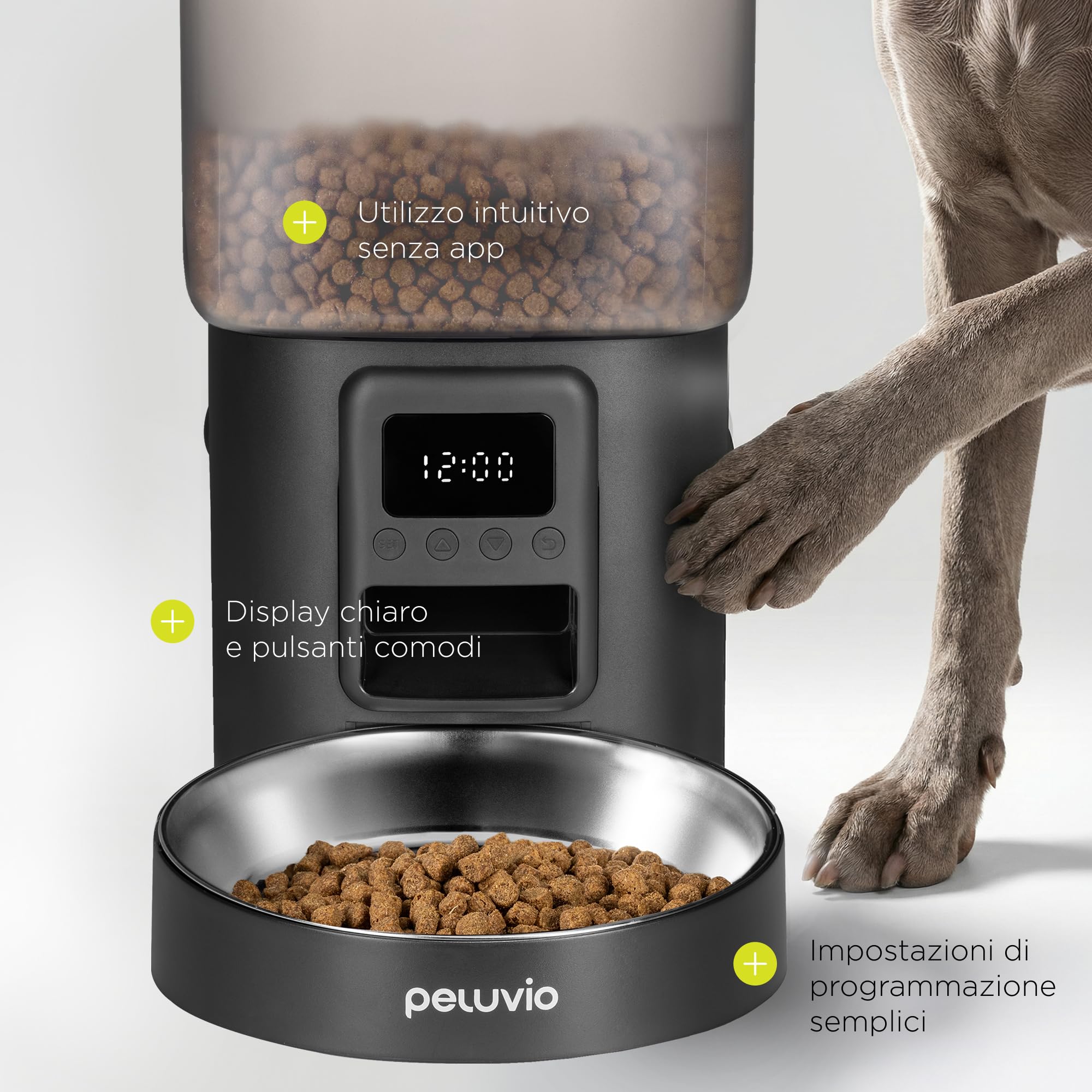 CRISPY Distributore Automatico Cibo 4,5L per Cani e Gatti con Porzioni Programmabile, Timer e Display LCD, Ciotola Acciaio, USB-C, Dispenser Crocchette e Acqua per Animali Domestici (Nero)