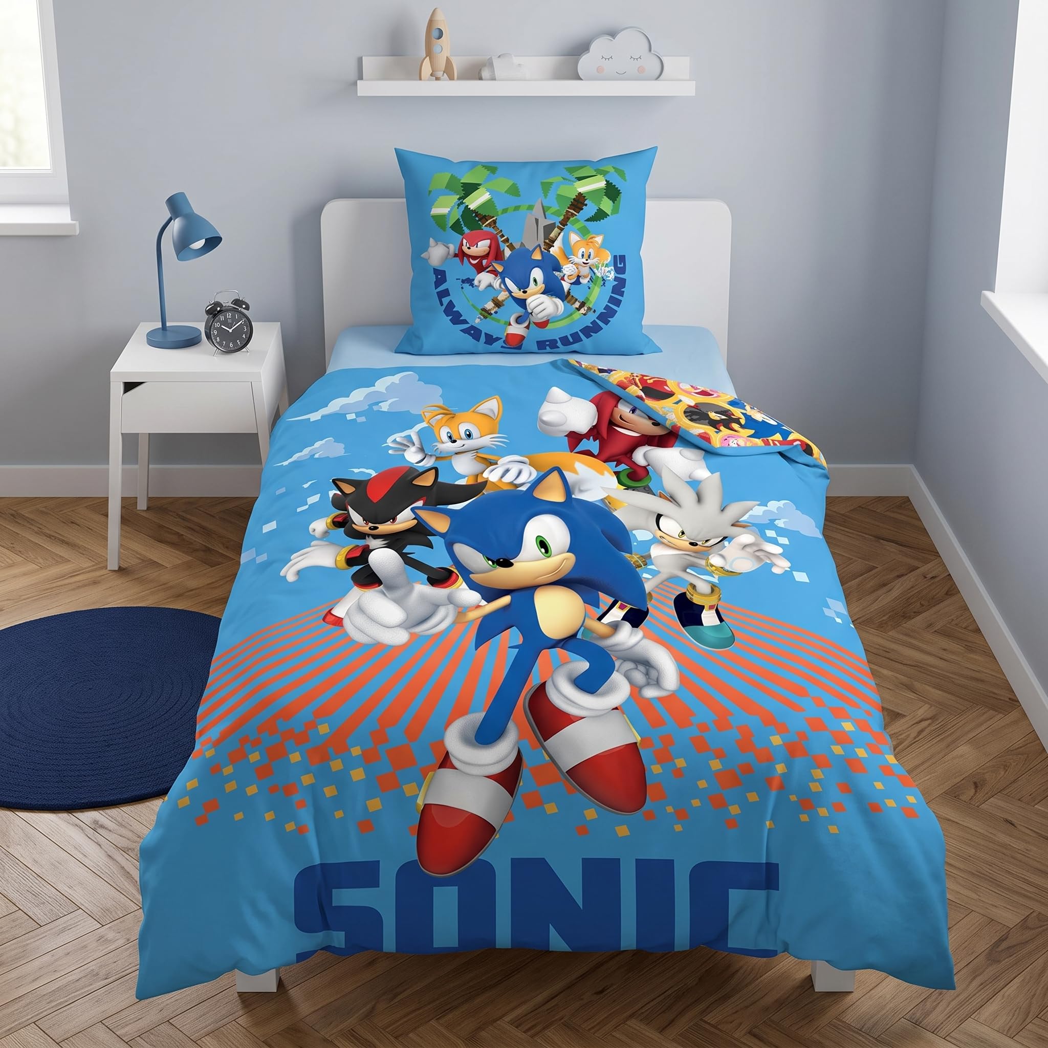 Sonic Le Hérisson Bleu Housse de Couette 140x200 + Taie 63x63 Polyester | Parure de lit qualité supérieure | Polyester Oeko-Tex | SEGA officiel | Garçon | Cadeau | Lavable en machine