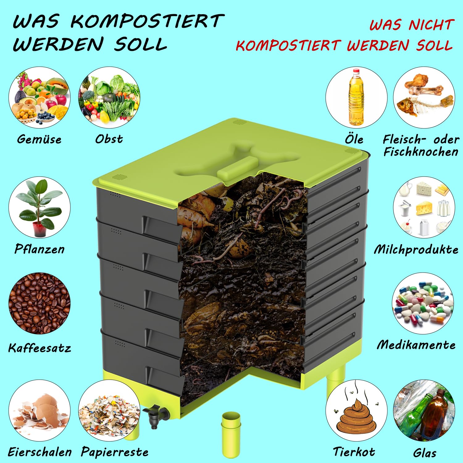 5-Etagen Wurmkomposter 100 Liter für Innen & Außen – Starter Set aus Kunststoff als Wurmkiste & Wurmfarm mit Auslaufhahn für Einsteiger, Schwarz