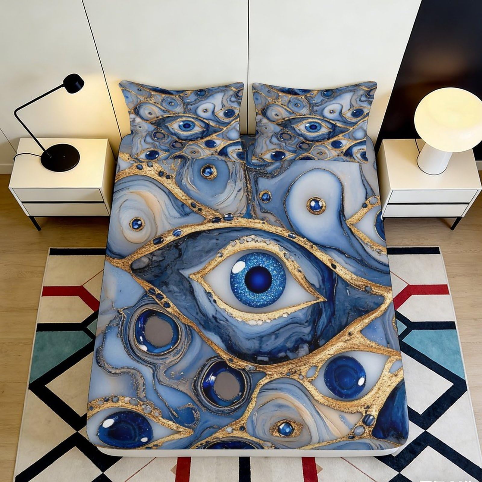 Kzqnxhjprl Style-10 3D Printed Evil Eye Fitted Sheet Microfiber Artistic Blue Gold Abstract Bed Sheet For Bedroom Dorm Mattress Decor 90X200x25cm