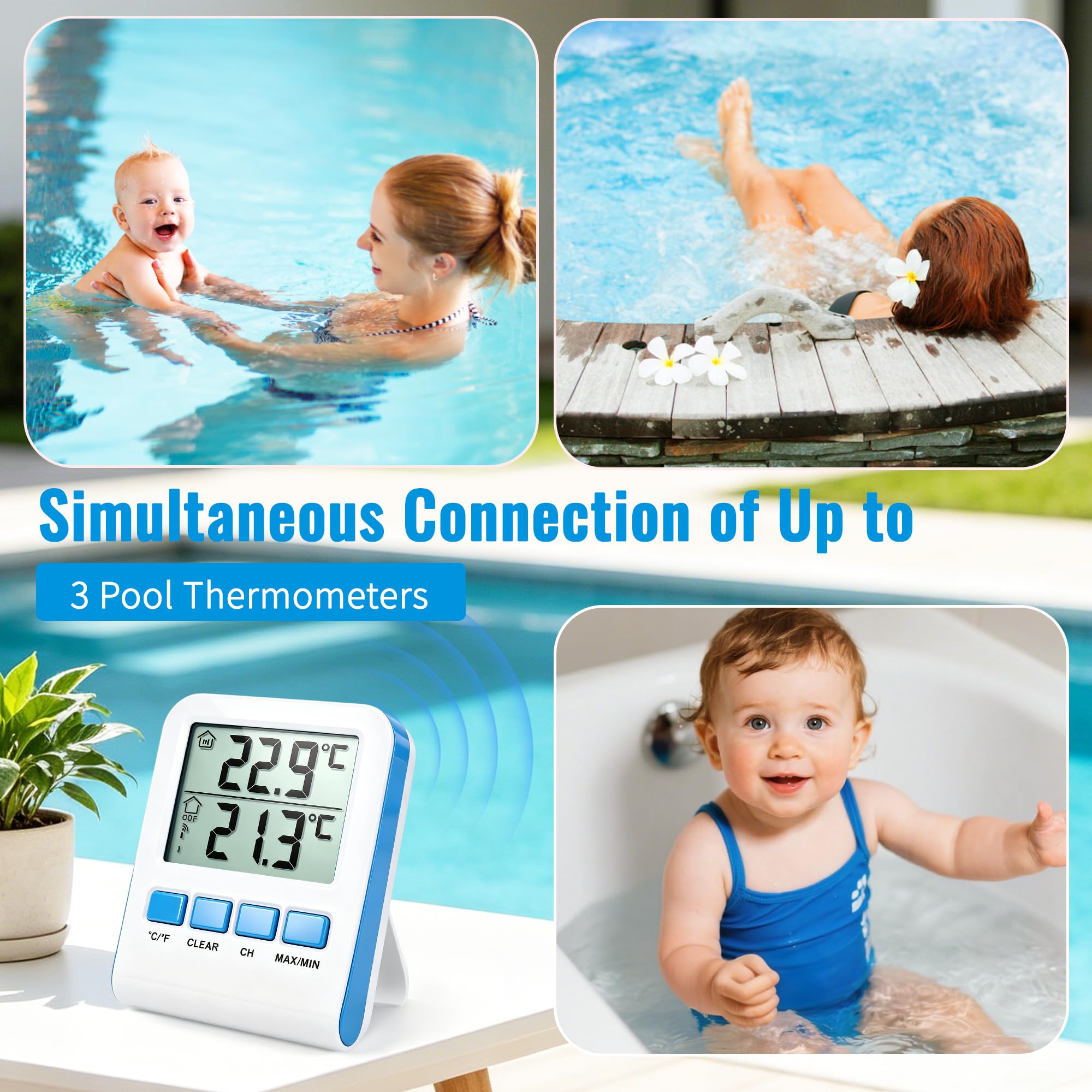 Thermomètre numérique sans fil pour piscine, thermomètre flottant, étanche IPX8, thermomètre à 3 canaux pour piscines, baignoires, aquariums, jacuzzis et spas, utilisable en intérieur et en extérieur