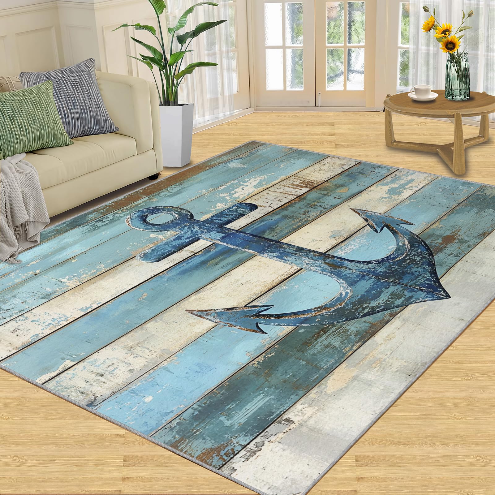 5x7 Rug - Nautical Anchor Area Rug, Wooden Planks Rustic Rugs for Living Room Bedroom, Distressed Blue Design Carpet, Washable Cozy Anti-Slip Area