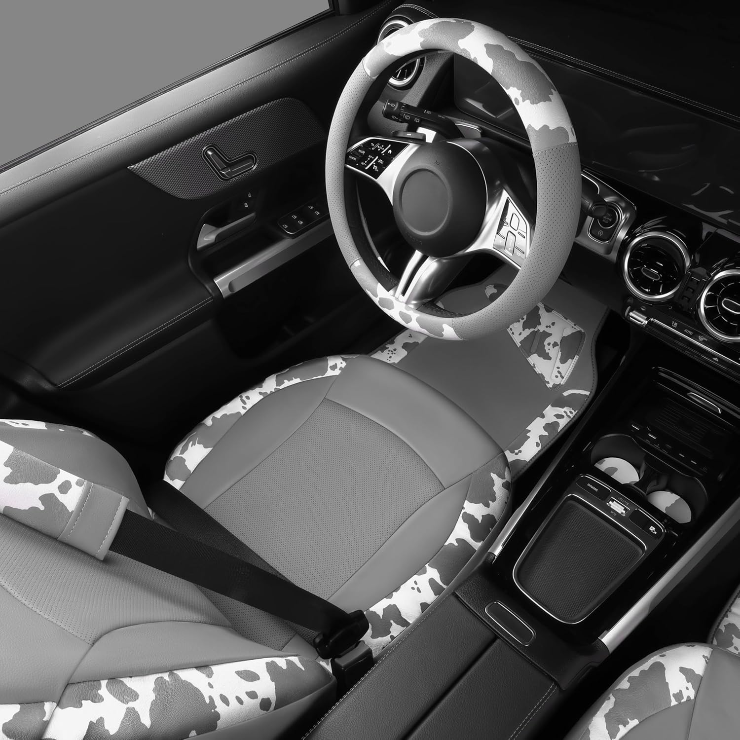 CAR PASS Cow Print Faux Leather Car Seat Covers & Cow Car Mats & Cow Steering Wheel Cover Seat Belt Pads Universal fit for SUV,Van,Saden,Truck Cute Car Accessories Automobile Interior Sets All Gray