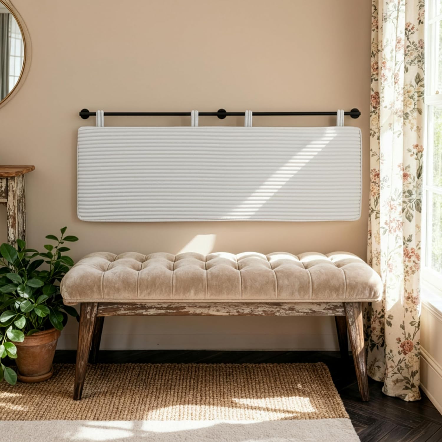 UEV King Headboard Only, Wall Mounted Hanging Upholstered Bed Head Board, Modern Vertical Channel Design of Fine Flannel, Elegant Beige Fluted Headboard for Bedroom (Beige, King Size)