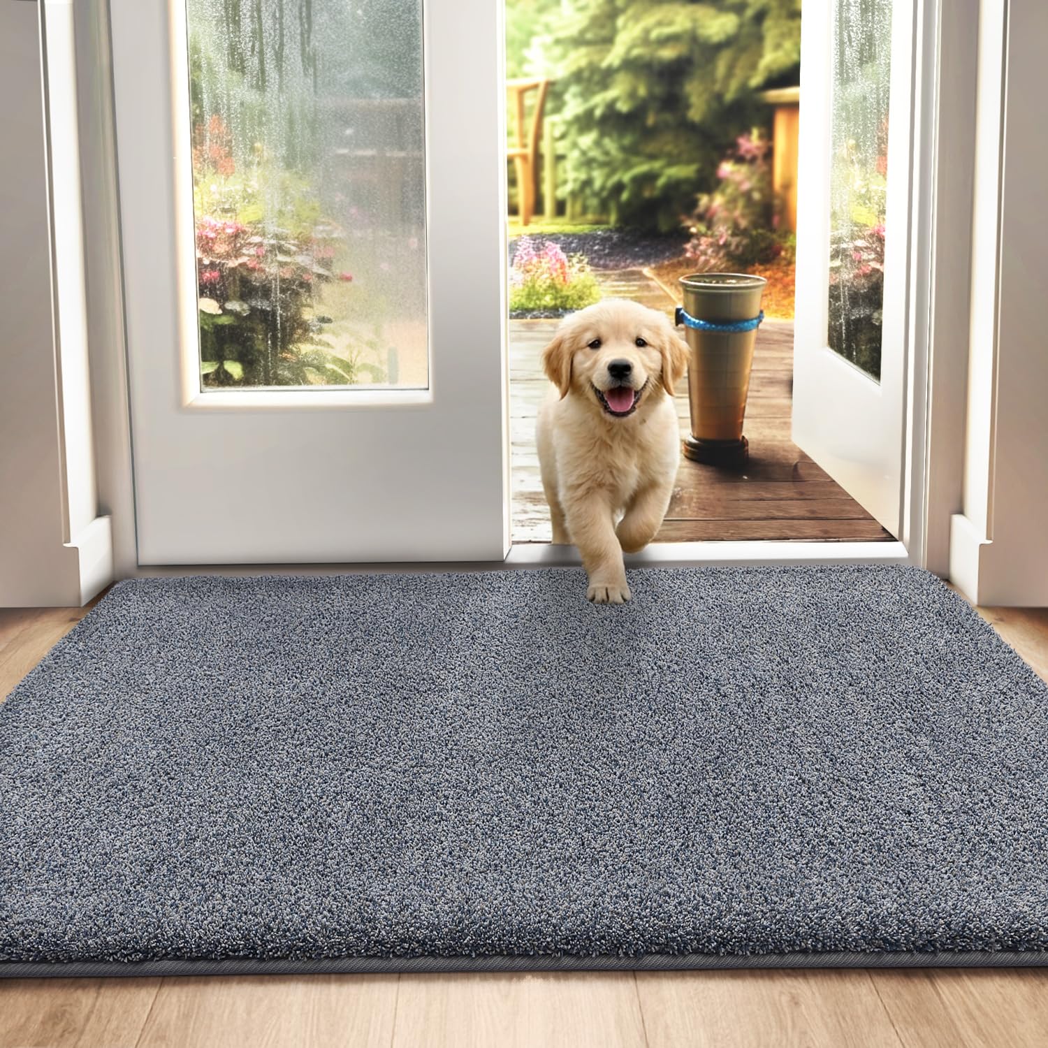 DEXI Dirt Trapper Door Mat Indoor, Non-slip Doormats Inside, Machine Washable, Super Absorbent Entrance Mats Soft Floor Carpet Rug, 90 x 150 cm, Grey-Blue
