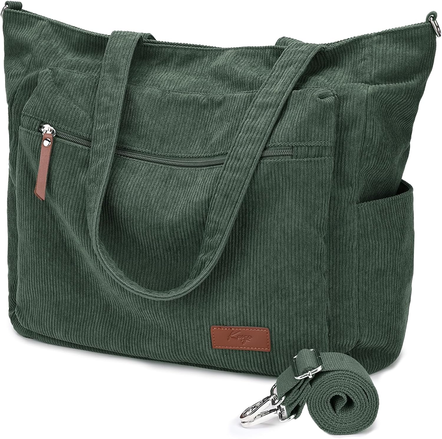 Kasqo Corduroy Tote Bag for Women, Large Zipper Crossbody Shoulder Purse With 15.6" Laptop Compartment for Work Travel Daily