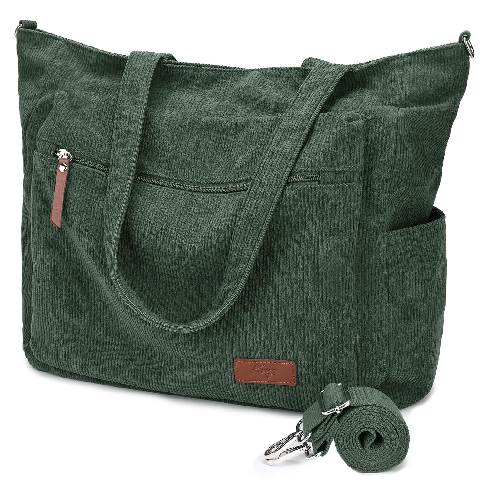 Grand Cabas Femme Velours Côtelé, Léger Sac Fourre Tout Zippé 15,6 Pouces Poches Multiples avec Bandoulière Amovible pour Travail École Voyage Gym