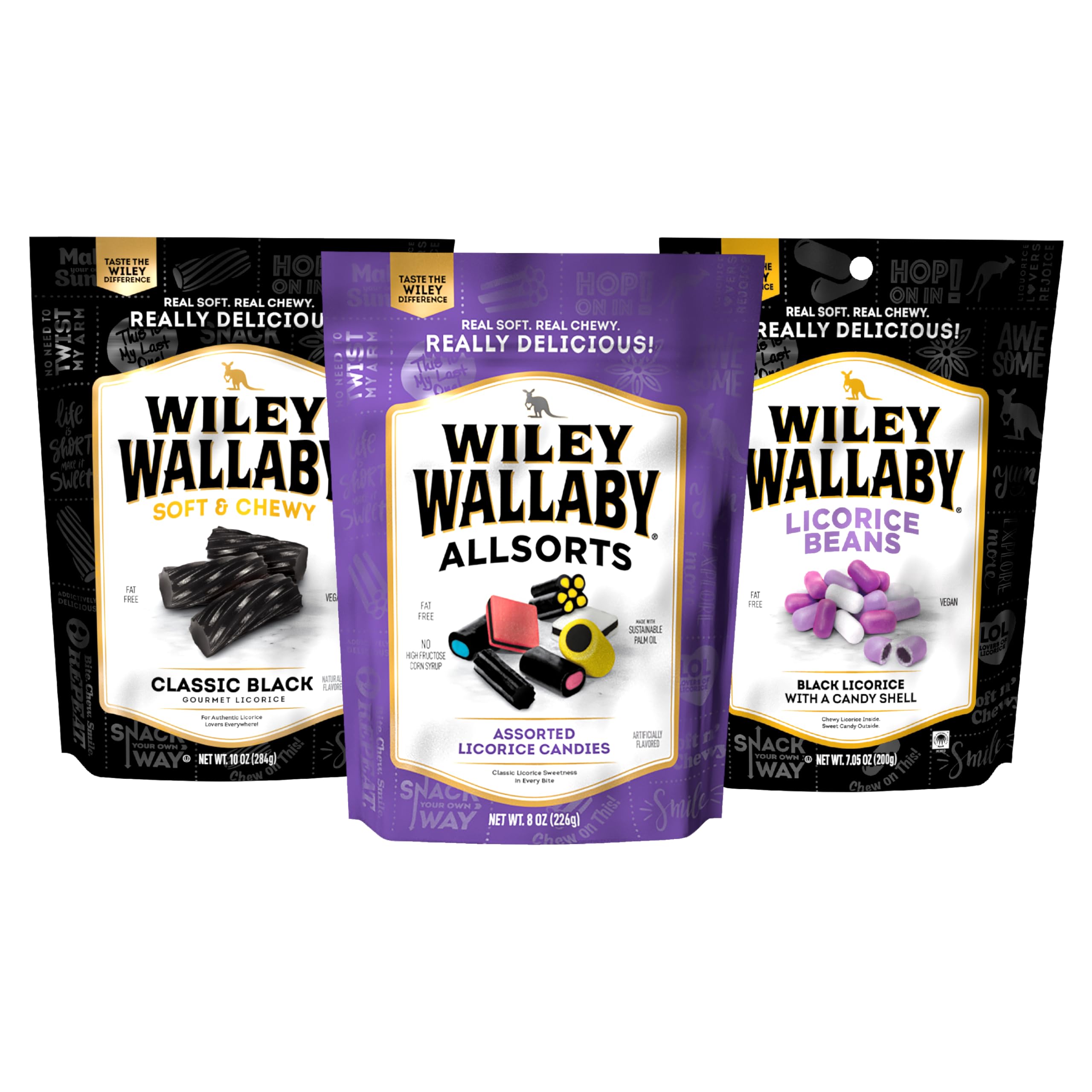 Wiley Wallaby Black Licorice Variety Pack - All Sorts, Black Beans & Black Classic Gourmet Australian Style Soft & Chewy Licorice Candy - Pack of 3
