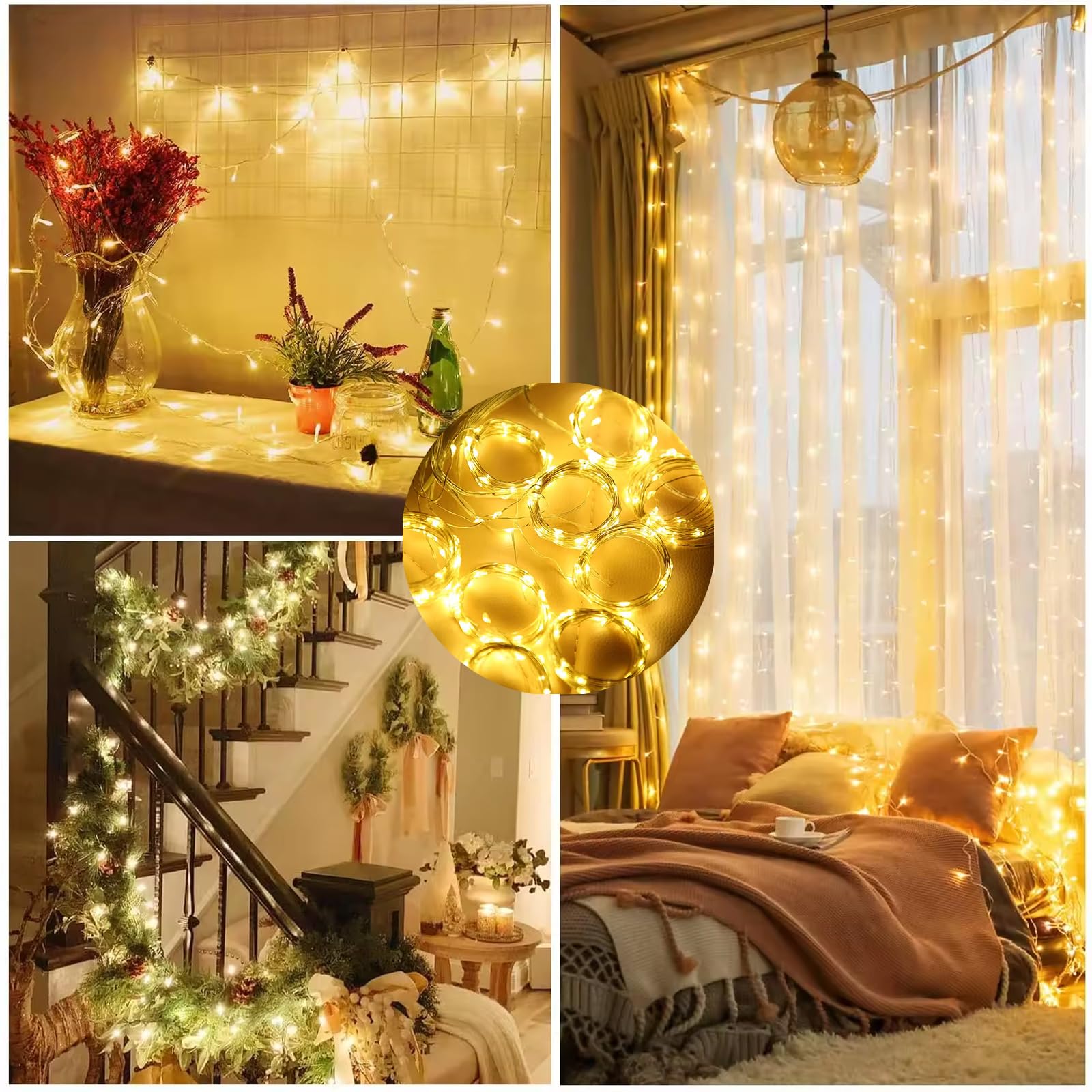BLOOMWIN Kerstraamverlichting 2 m x 1 m, toverachtig lichtgordijn met 138 leds, kerstdecoratie voor binnen, feestje, slaapkamer, warmwit/werkt op batterijen