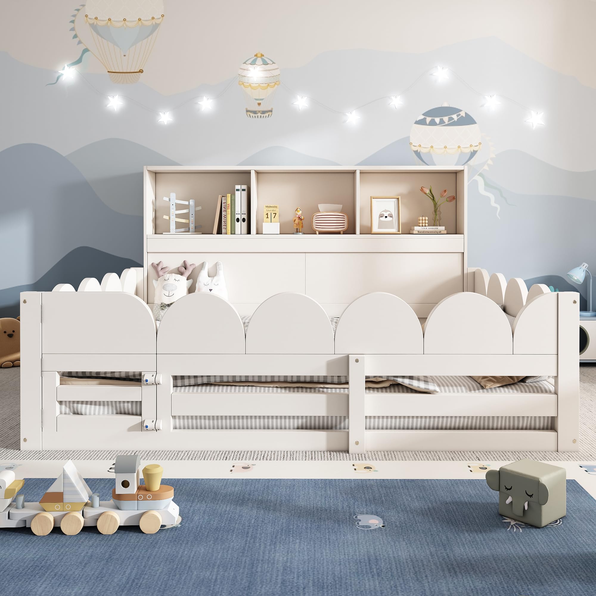 Montessori Letto a Terra per Bambini 140x200cm con Mensola, Protezione Anticaduta e Sportello, Letto Piazza e Mezza per Bambini, Strutture letto in legno di Pino per Cameretta ragazzi (Senza Materasso