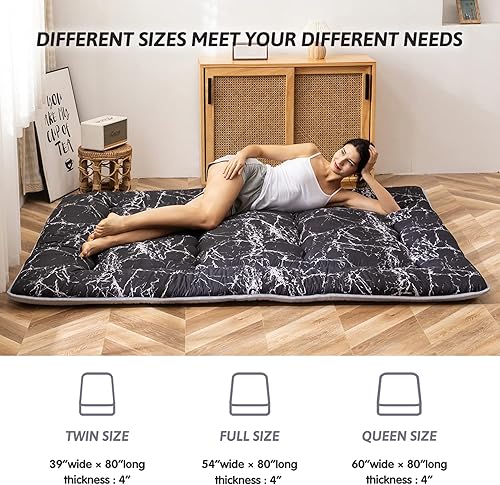 Miniatura 154 de MAXYOYO El mármol negro imprimió el futón japonés, la almohadilla de dormir espesa enrolla el colchón que acampa Mármol negro,Flor 1,floral azul