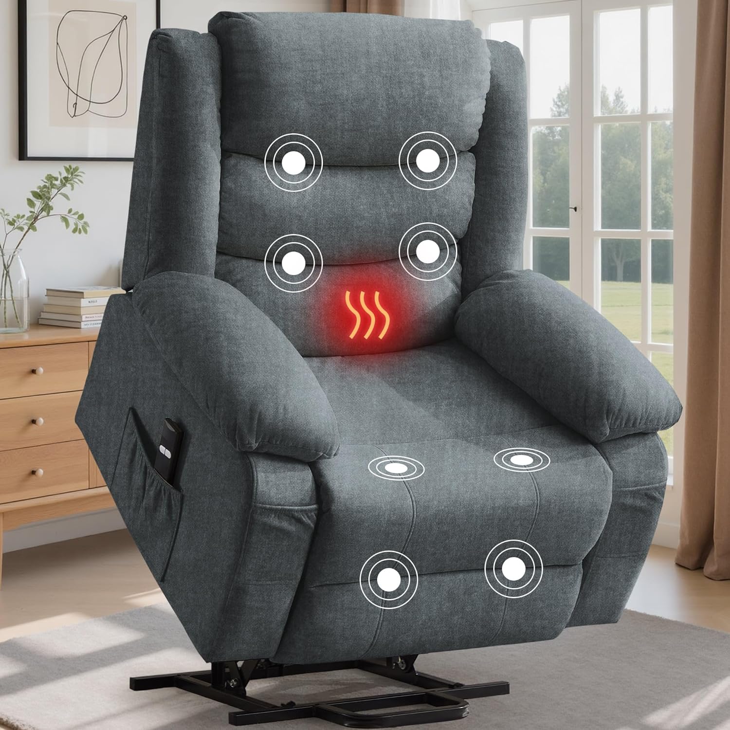 Oversized Power Lift Recliner for Elderly, Electric Recliner Chairs with Massage and Heat, Extra Wide Recliner with Side Pockets, Reclining Chair for Living Room (Imitation Cashmere, Grey)