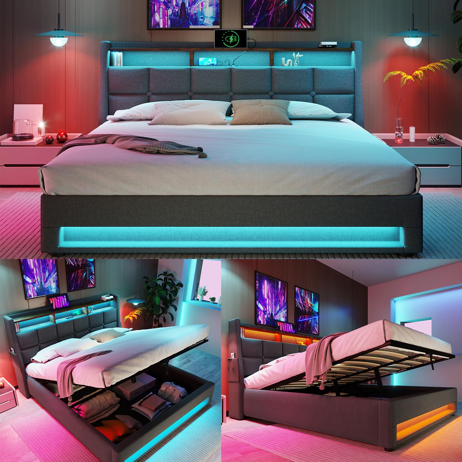 Gustonhon Queen Size Hydraulic Storage Bed Frame with Built-in Shelf, LED Light, and USB Charging Port - Comfort Upholstered Platform Smart Bed,