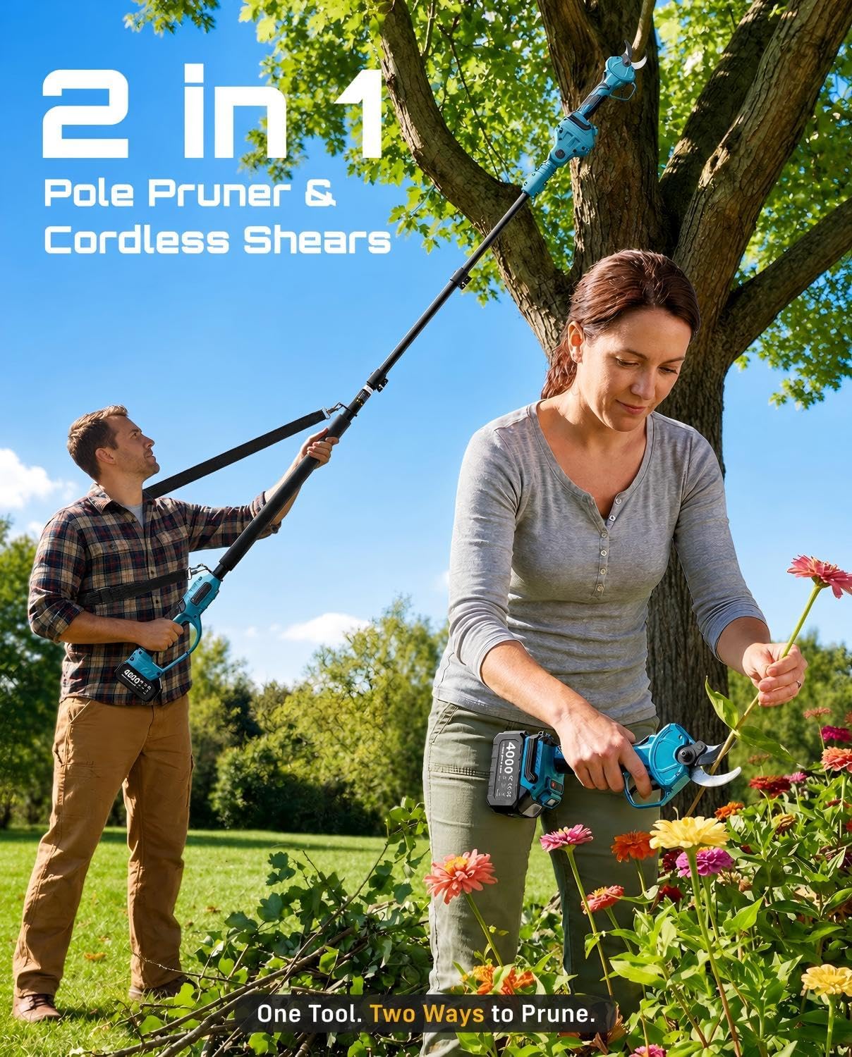  2-in-1 Pole Pruning Shears, 1.6" Cutting Diameter Cordless Electric Pole Pruners, Brushless Motor, Dual 4.0Ah Batteries, Extra SK5 Blade, 4 Modes Adjustable Branches Cutter for Tree & Flower thumbnail
