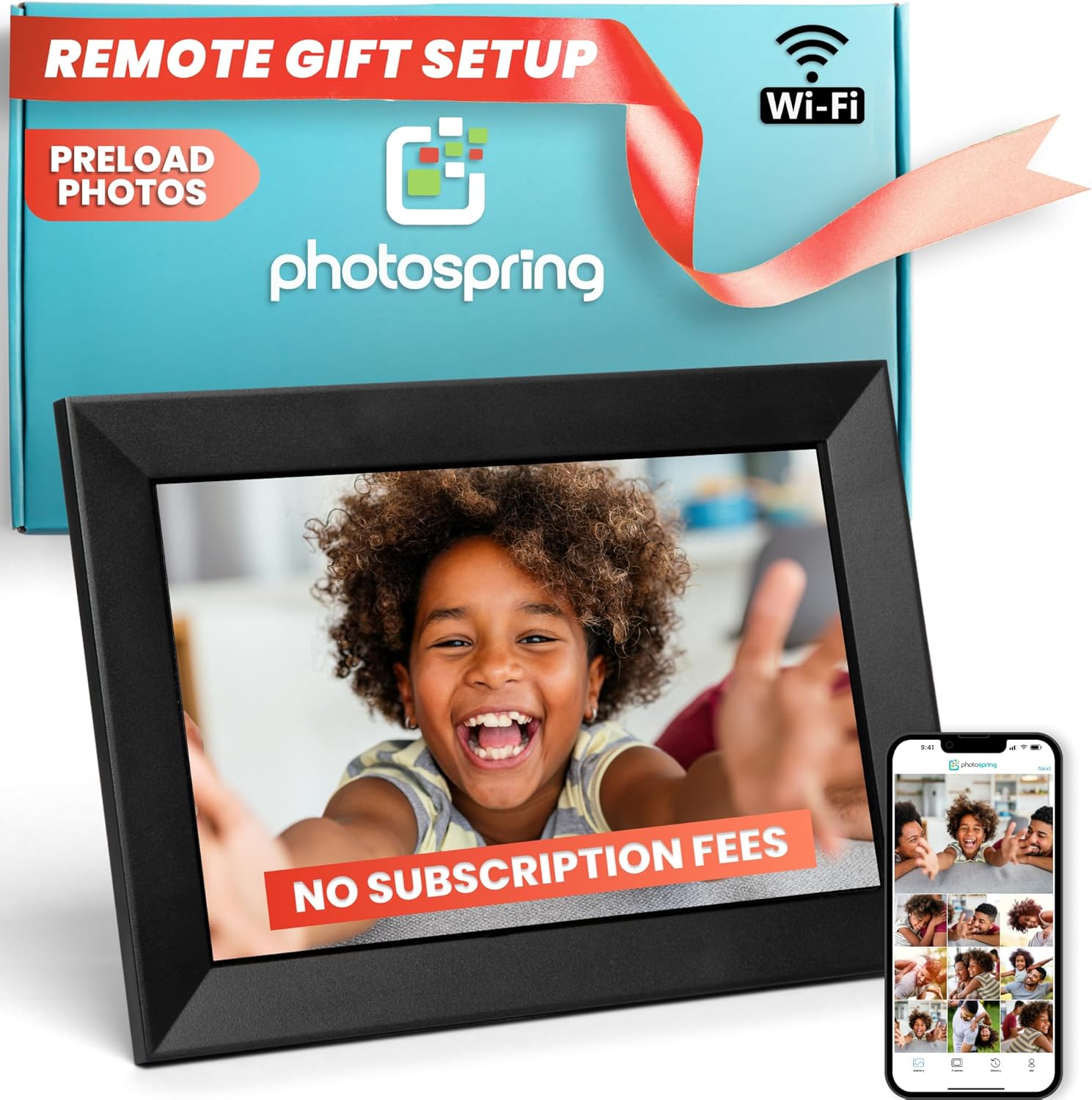 PhotoSpring Lite Subscription Free 10in WiFi Digital Picture Frame | Send Photos by Email, App, or Web | Touchscreen & 32GB Internal Memory | Play Videos up to 5min