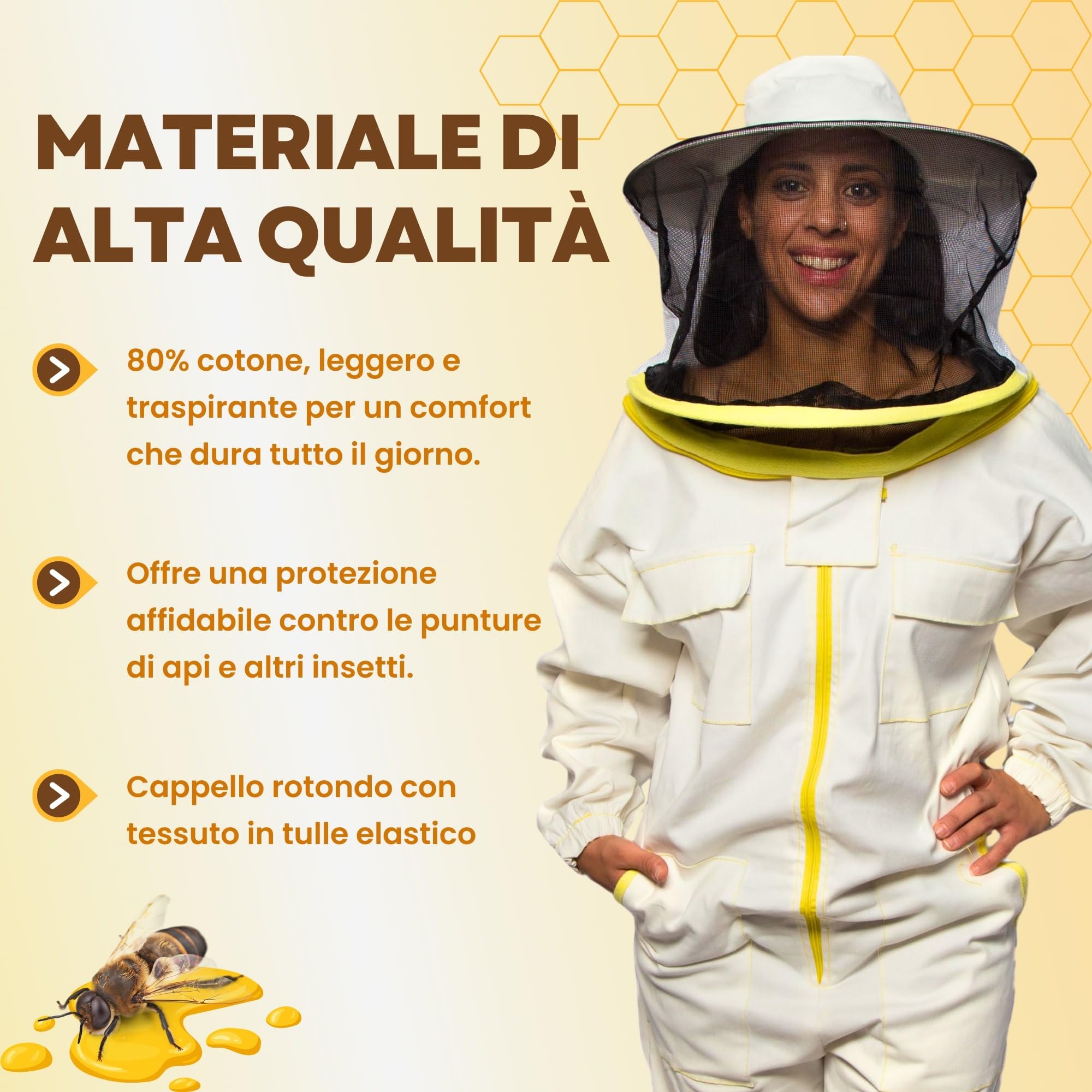 BEEART Tuta da Apicoltore Professionale con Cappello Rotondo Tuta Protettiva Unisex con Polsini Elastici Tessuto Traspirante Chiusura a Cerniera Protezione Completa dalle Punture di Api.Blanc M-3XL