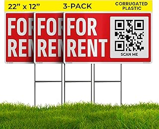22×12 For Rent Sign (3-Pack) - Weatherproof, Double-Sided | Corrugated Plastic | Stakes & QR App Included