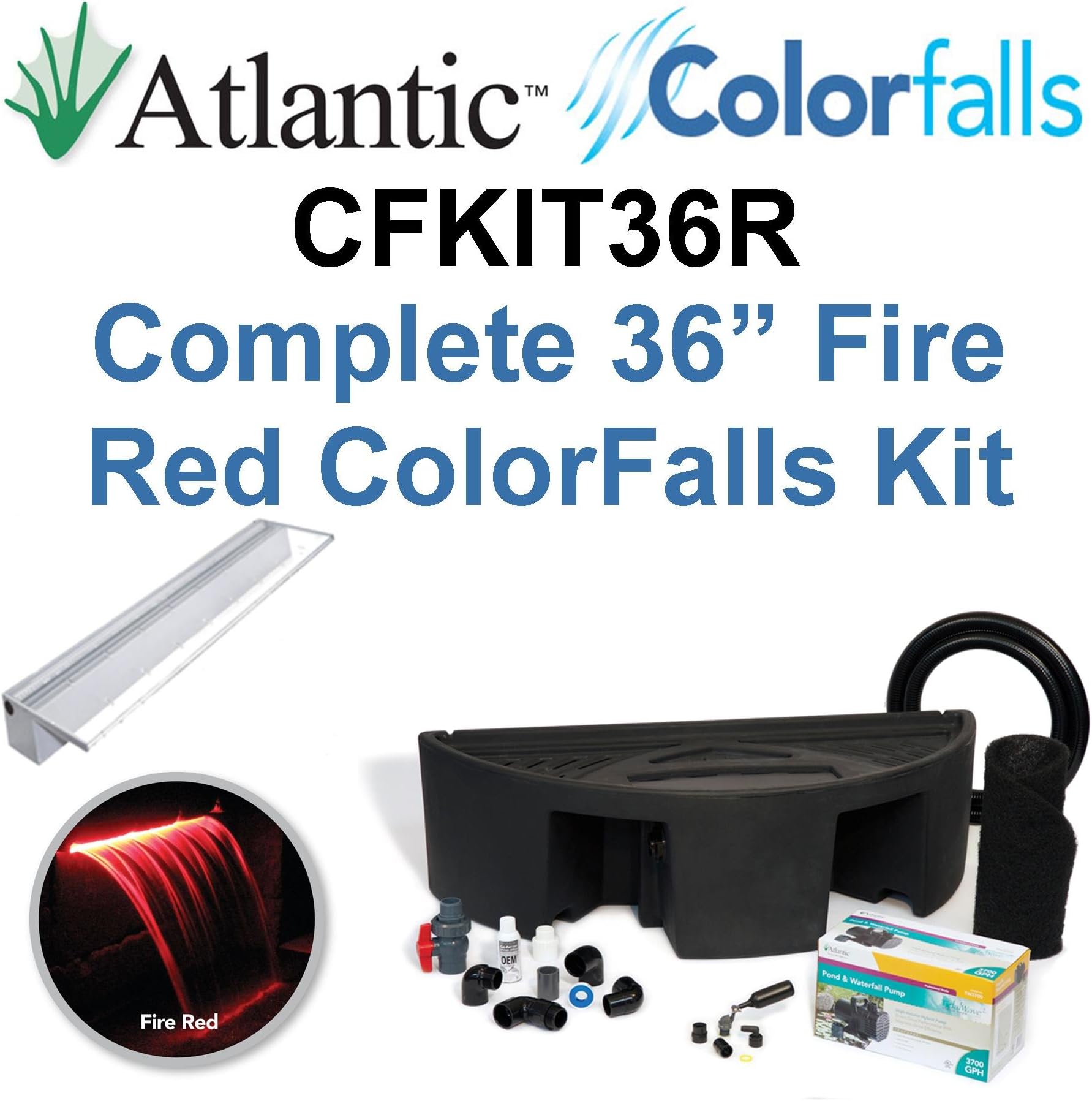 Atlantic Water Gardens CFKIT36R Complete Fire Red Colorfalls Lighted Falls Kit - 36" Spillway, Basin, Pump, Hose & Fittings