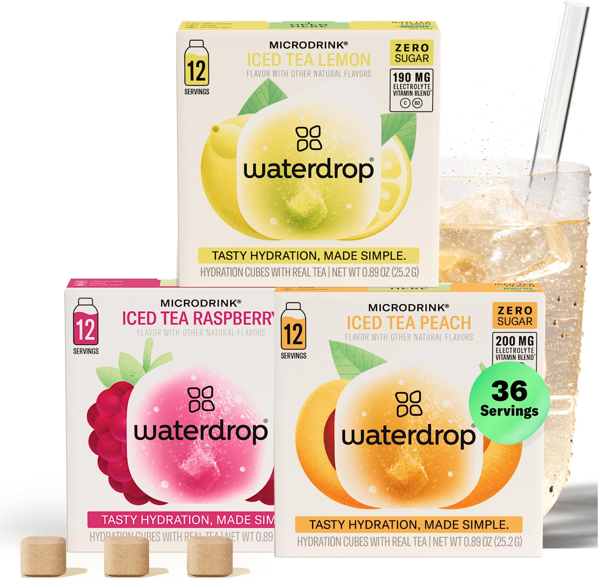 waterdrop MICRODRINK - Waterdrop Hydration Cubes Variety Pack with Iced Tea, Raspberry, Peach & Lemon, On-The-Go Water Enhancer