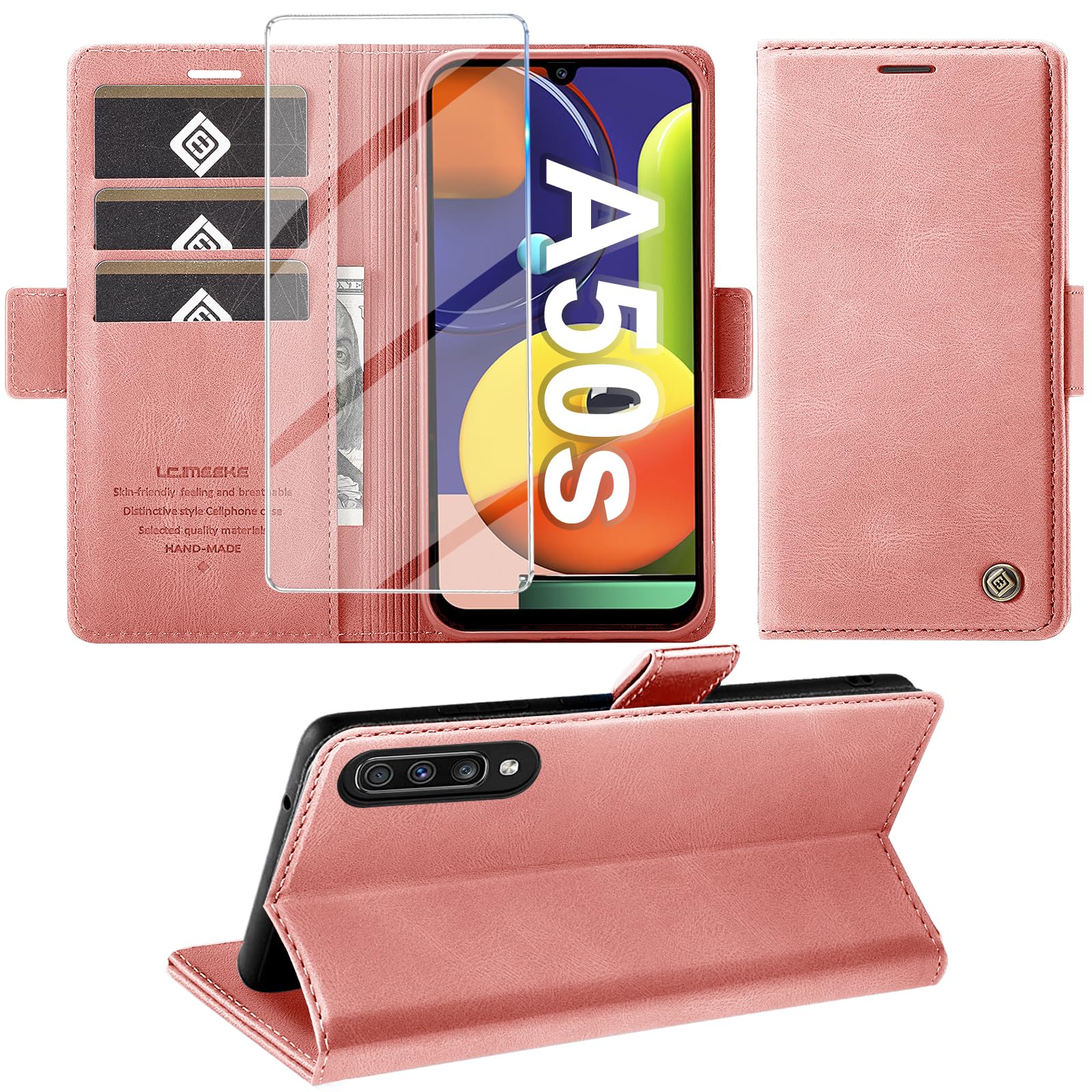Giyer Cover per Samsung Galaxy A05S Custodia con Vetro Temperato, Premium Pelle PU Portafoglio Slot per Scheda RFID Antifurto Funzione Supporto Flip Case, Antiurto per Samsung A05S 5G Cover (Rosa)