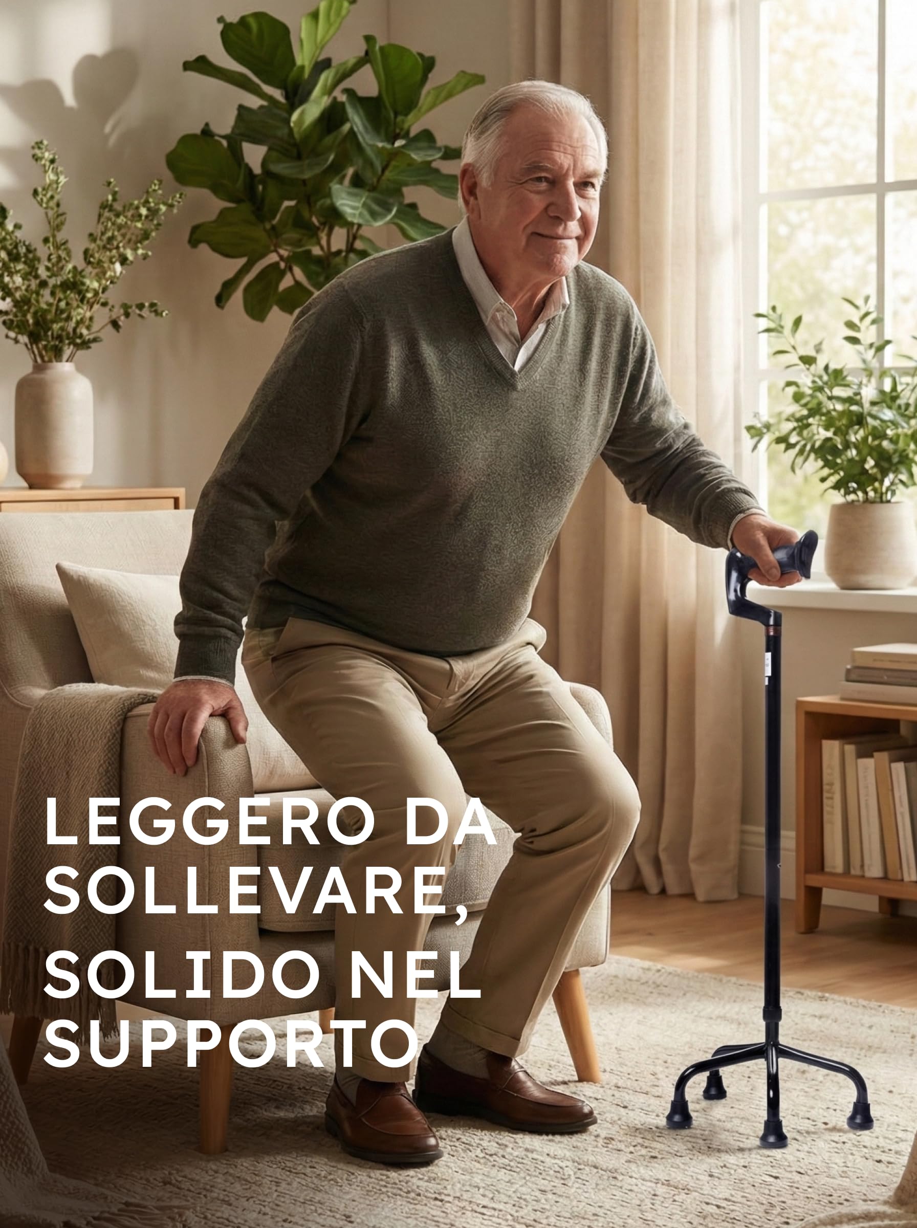 SPES Quadripode Nero in Alluminio - Bastone a 4 Piedi Autoportante per Anziani e Disabili - Ausilio Regolabile (62-85 cm) con Base Antiscivolo Stabile e Impugnatura Anatomica (Design Elegante)