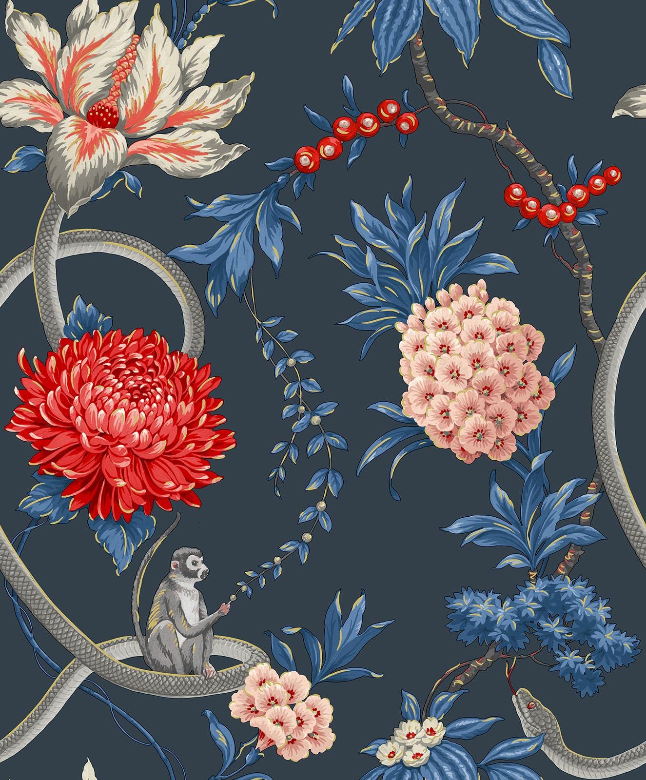 Yöl Blue-Sample Sample Blue Forbidden Fruit Wallpaper Modern Floral Jungle Animal Pink Red