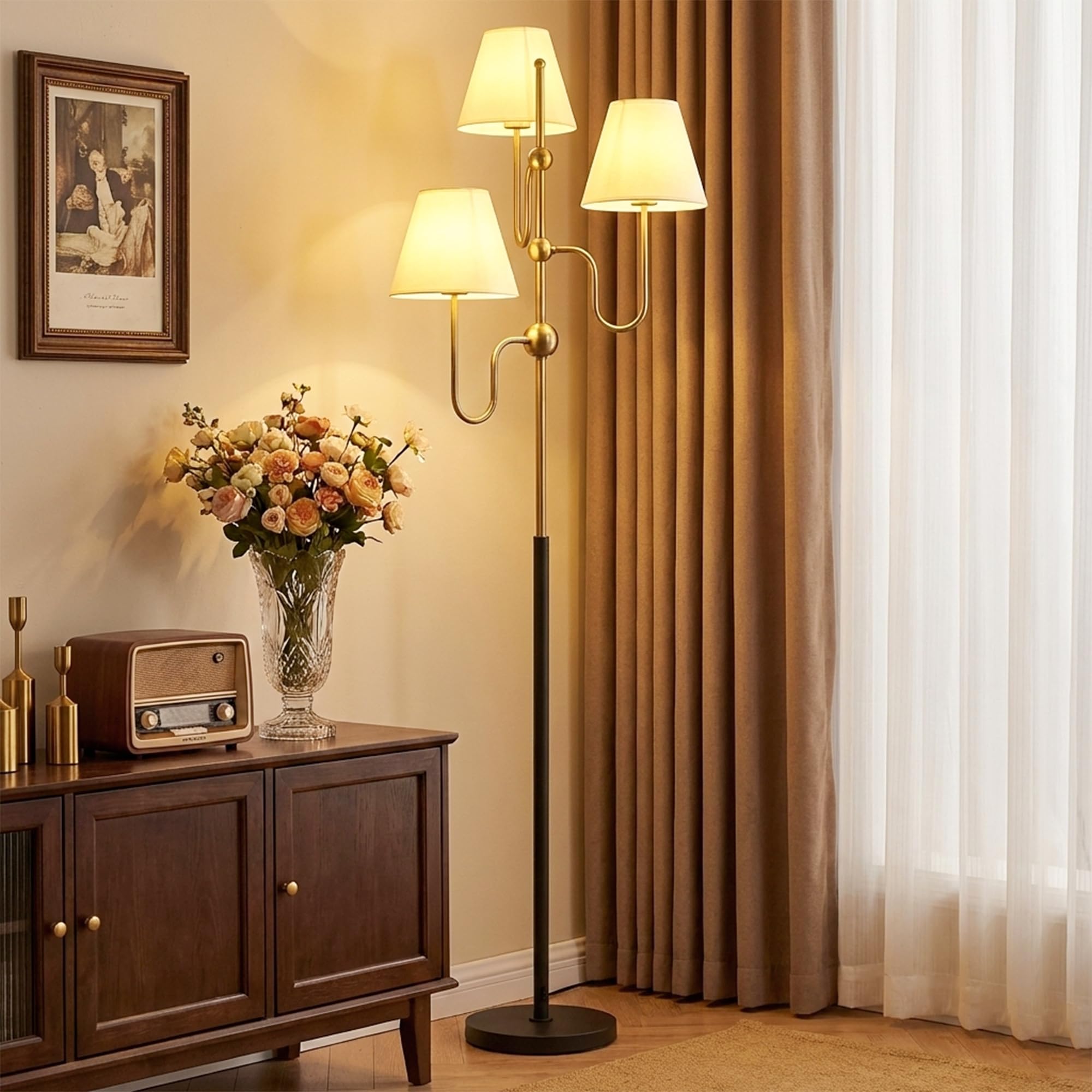 HOMCOM Lampada da Terra Alta 165 cm 3 Luci Attacco E27 Max 40W Color Oro | Lampada da Pavimento, Interruttore a Pedale, per Camera e Ufficio