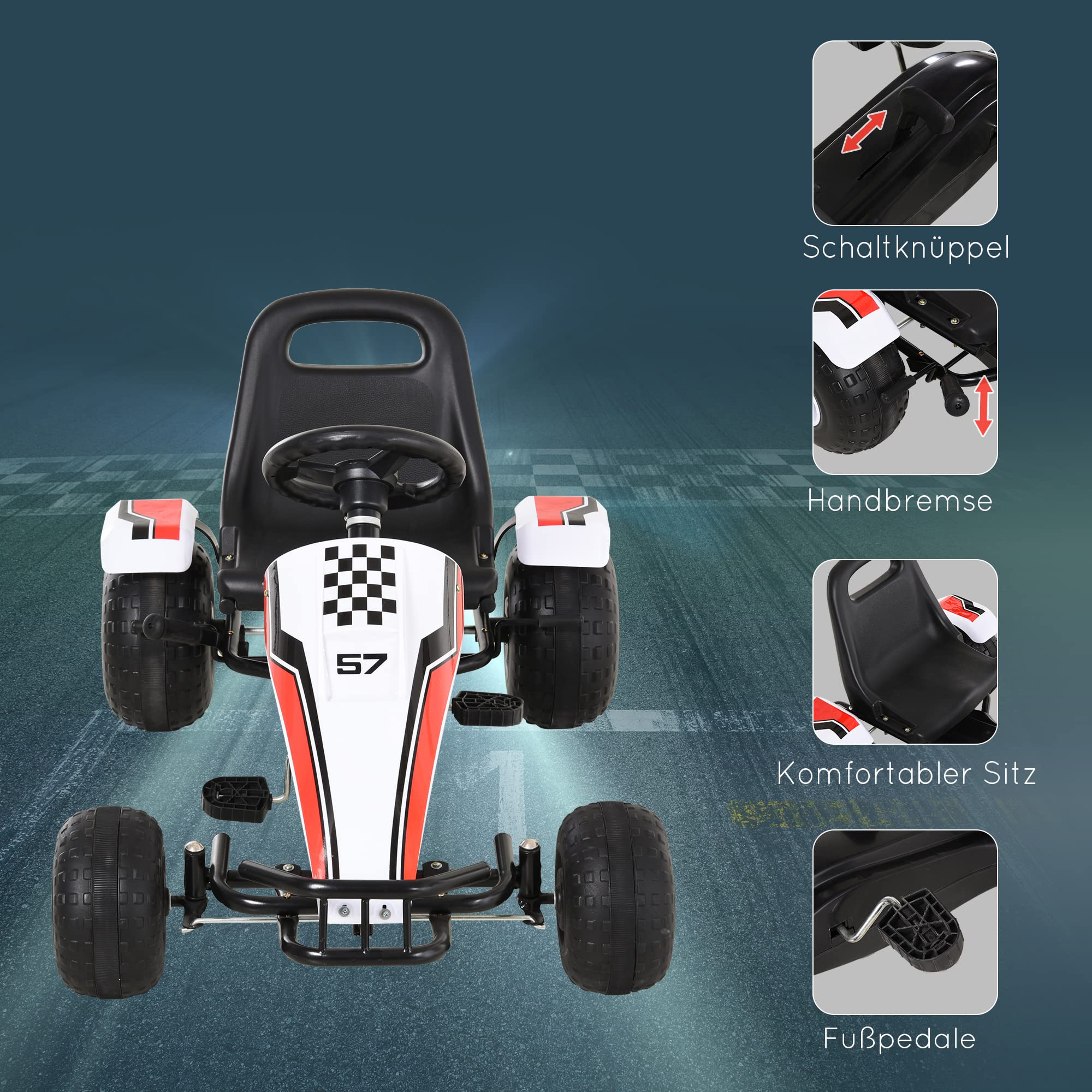 HOMCOM Gokart, Tretauto mit verstellbarem Sitz, Bremse, Pedalantrieb, Tretfahrzeug mit Vor- und Rückwärtsgang, Kinderfahrzeug bis 35 kg belastbar, für Kinder 3-6 Jahre Weiß