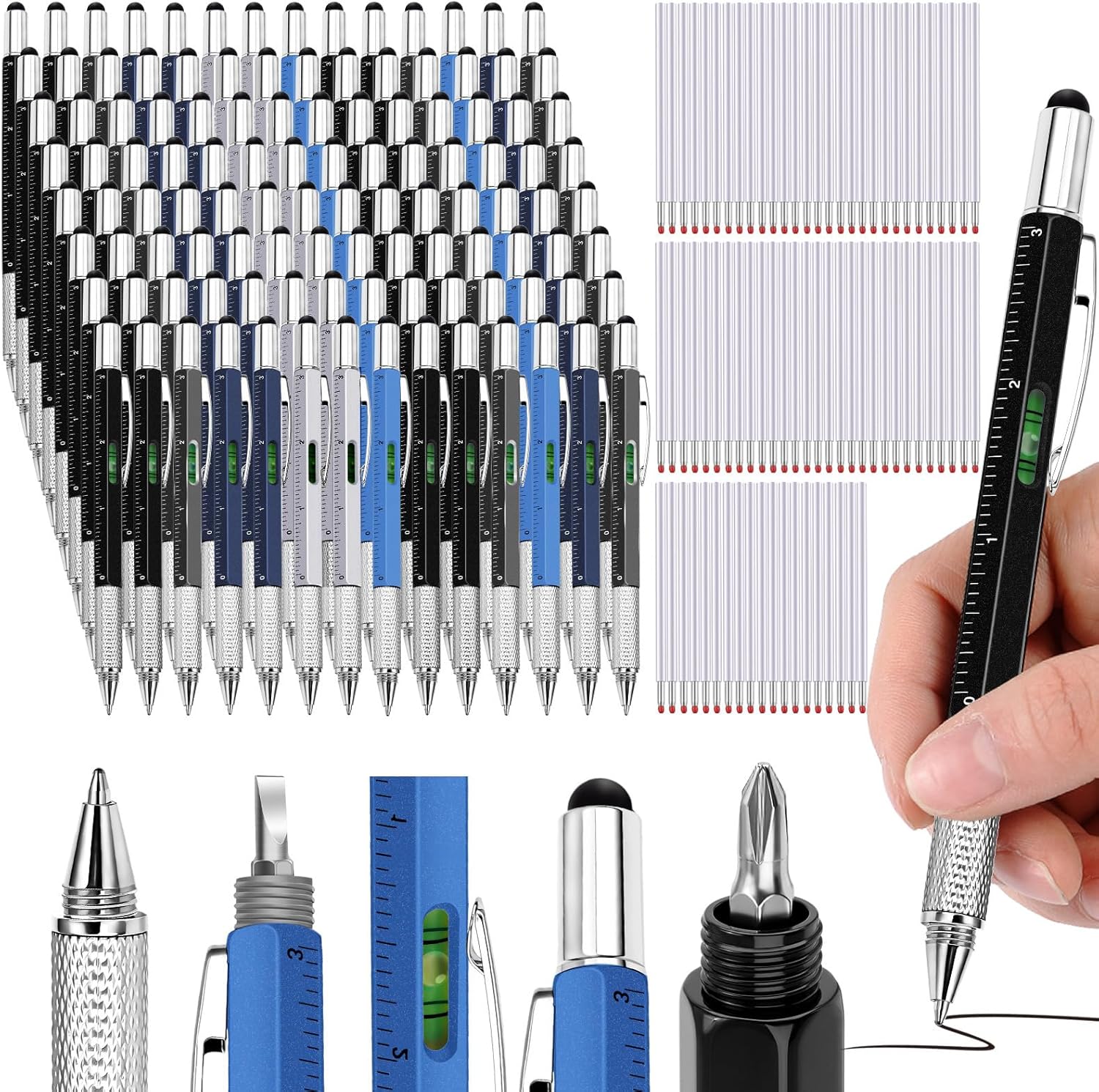 Zhanmai 72 Pcs Christmas Multitool Pen Gifts Bulk 6 in 1 Tool Pen with Level Gauge Ruler, Screwdriver, Stylus & 80 Replacement Refills, Unique Birthday Gifts for Men(Red,Green,Blue,G,Gray)