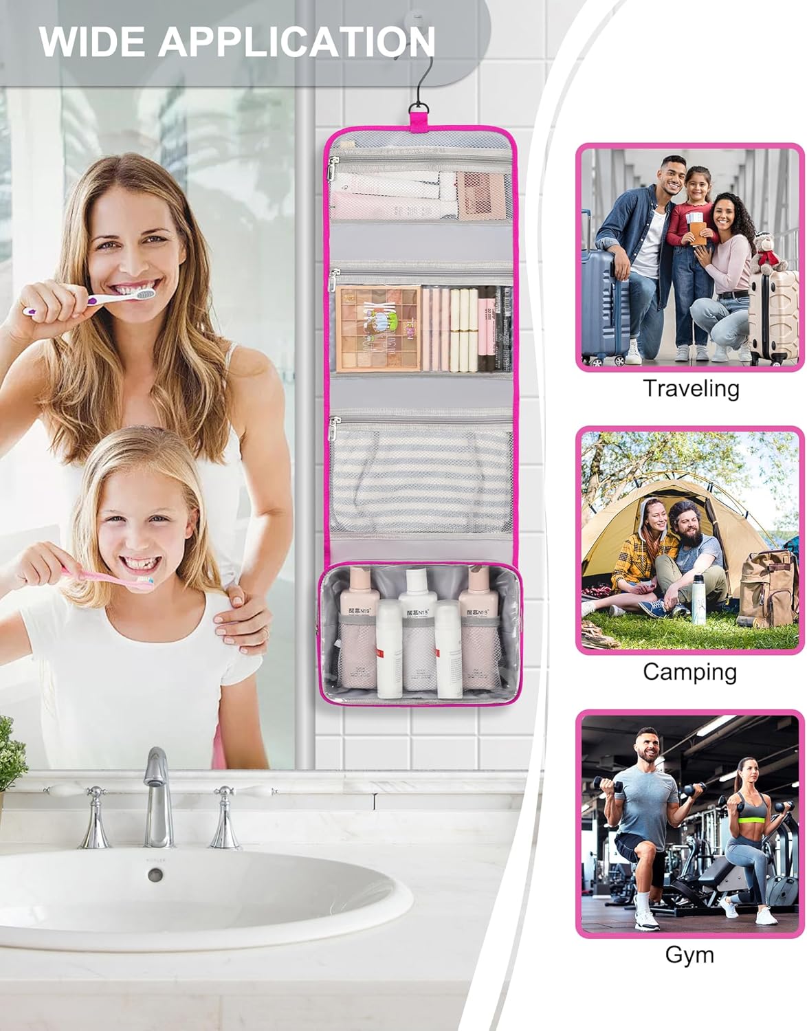 Relavel HangingTravel Toiletry Bag for Women, Large Capacity Toiletries Bag, Travel Essentials Organizer, Hanging Makeup Case for Accessories, Waterproof Bathroom Shower Bag (hot pink) - Image 6