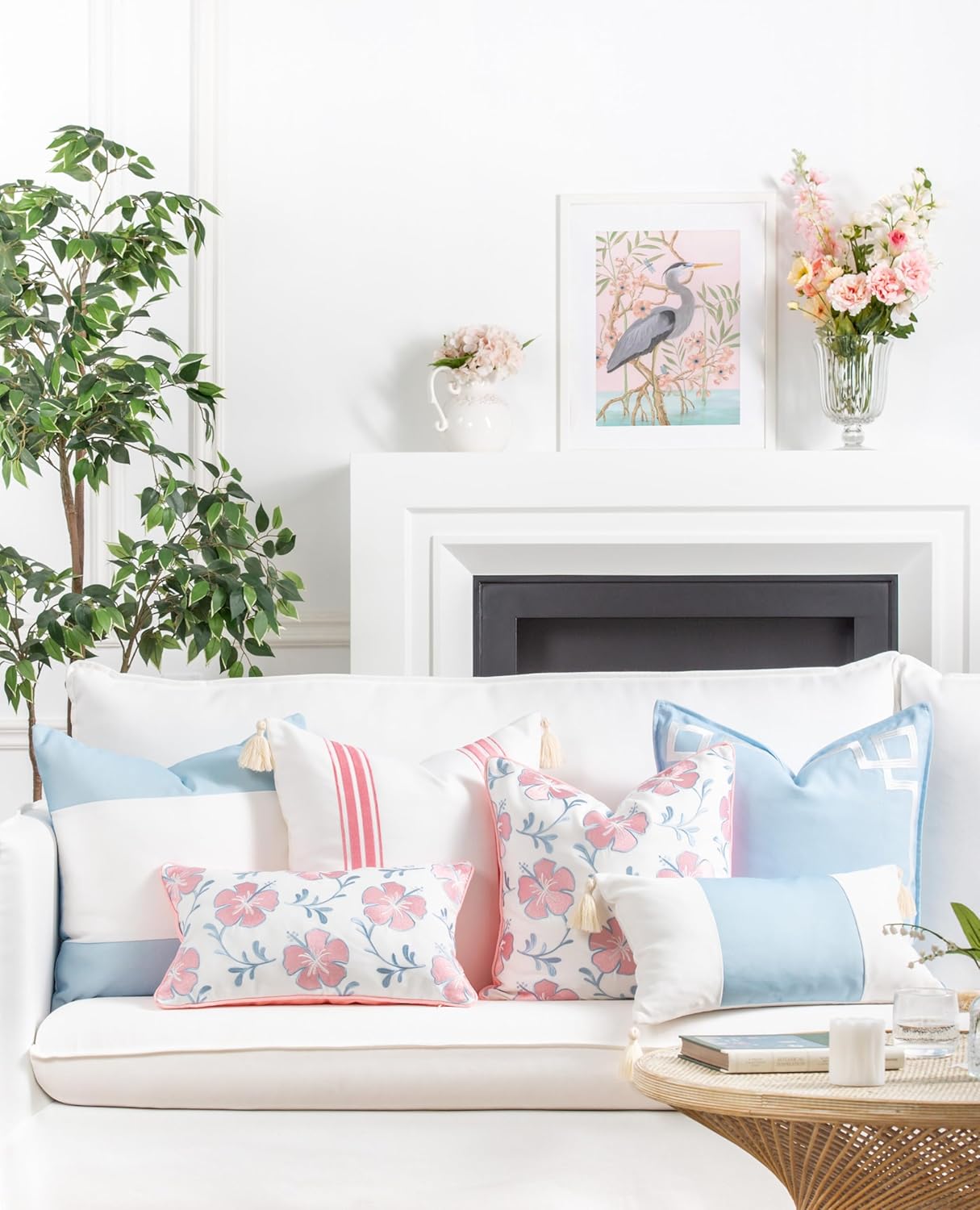 Hofdeco Premium Coastal Patio Indoor Outdoor Throw Pillow Cover Only, 20"x20" Water Repellent for Backyard, Couch, Baby Blue Embroidered Frame Greek Key