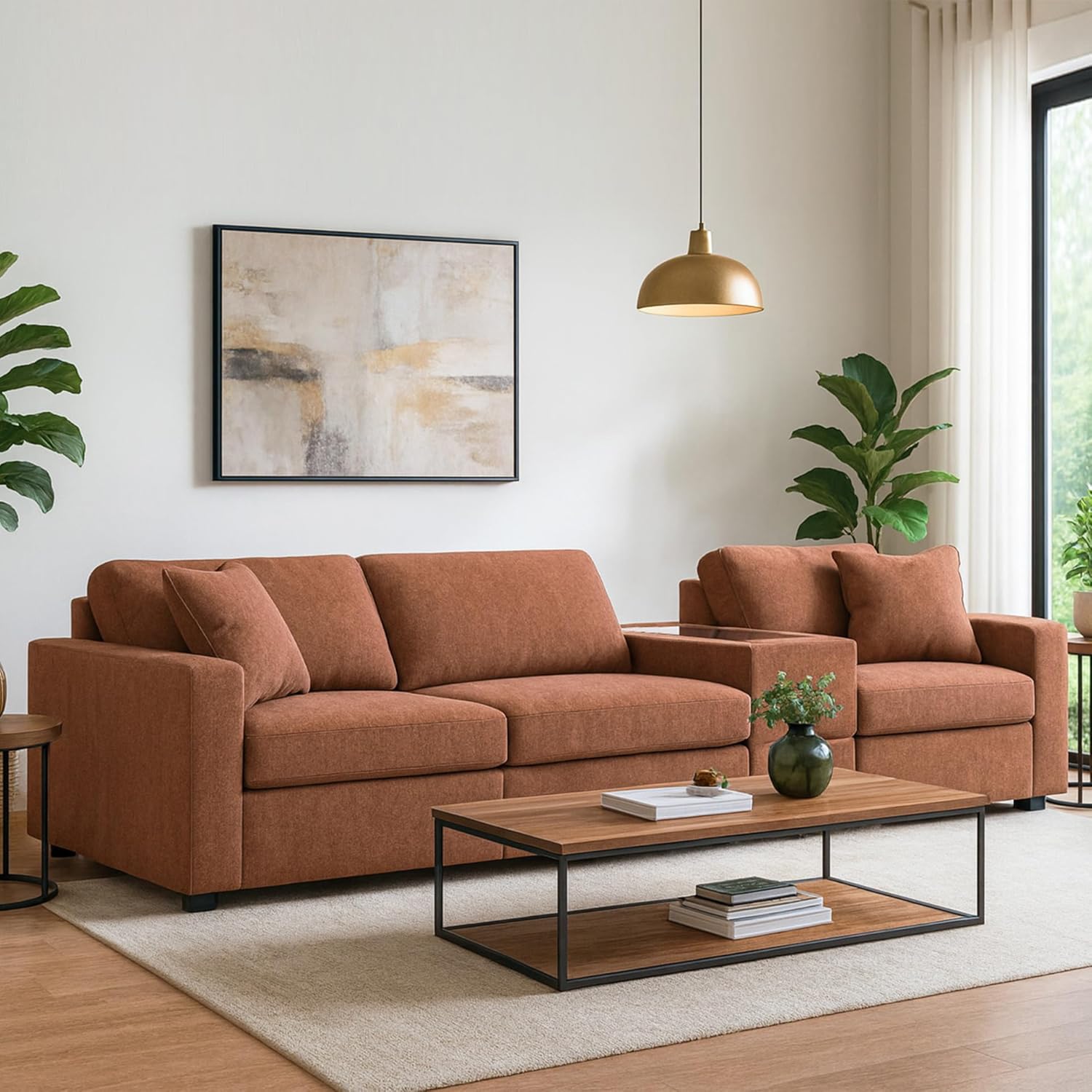 Signature Design by Ashley Modmax Urban Modular Stain Resistant 4-Piece Sectional with Storage Console, Drawer and 2 Accent Pillows, Orange