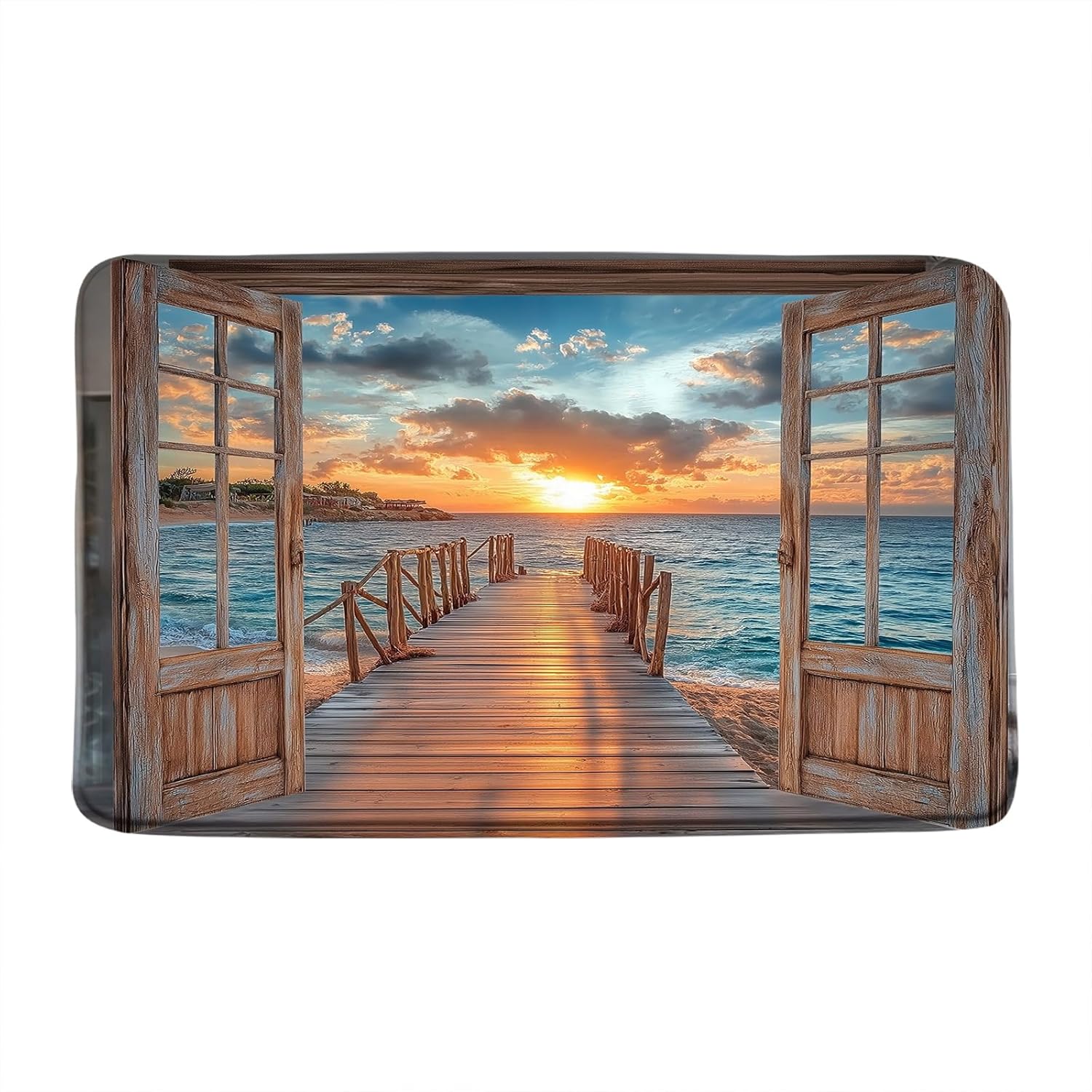 Ocean Beach Sunset Bath Mat,Rustic Brown Wood Door Window Tropical Hawaiian Island Sunset Bathroom Kitchen Memory Foam Rug，24x60 Inch