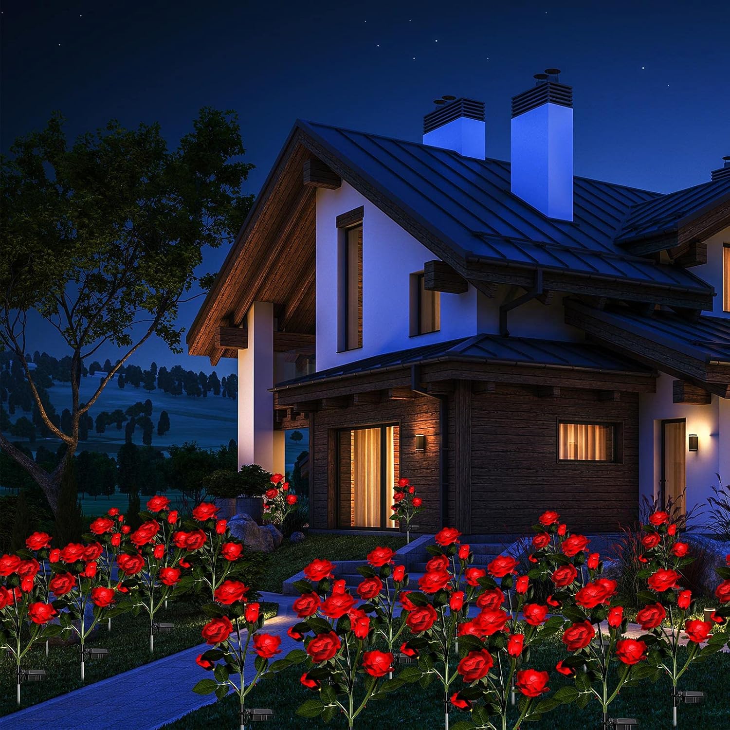 4 Pack Outdoor Solar Flower Lights with 20 Waterproof Realistic Solar Powered Rose Flowers Waterproof Decorative Lights for Garden Outside Patio Yard Lawn Pathway Backyard Decor(Red)